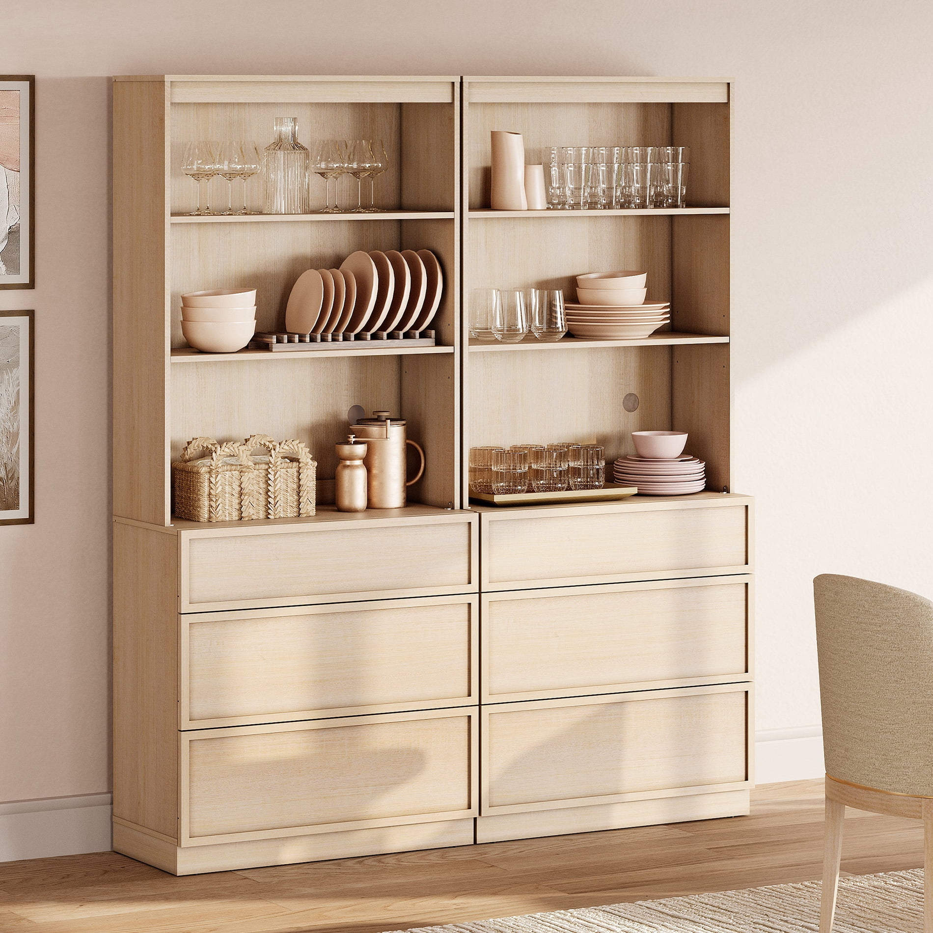 Modern 72" Tall 63" Wide Wood Sideboard Buffet with 6 Drawers & Open Shelves for Dining Kitchen,Beige