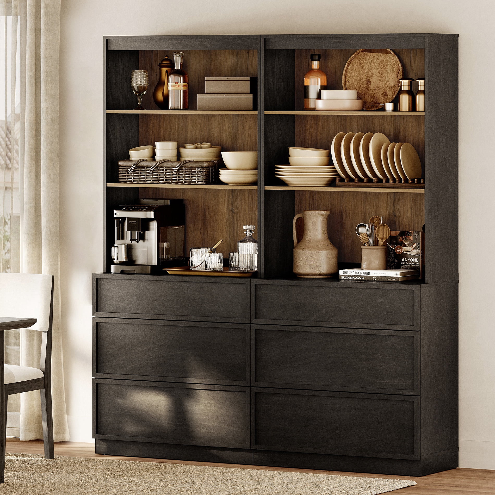 Modern 72" Tall 63" Wide Wood Sideboard Buffet with 6 Drawers & Open Shelves for Dining Kitchen,Black