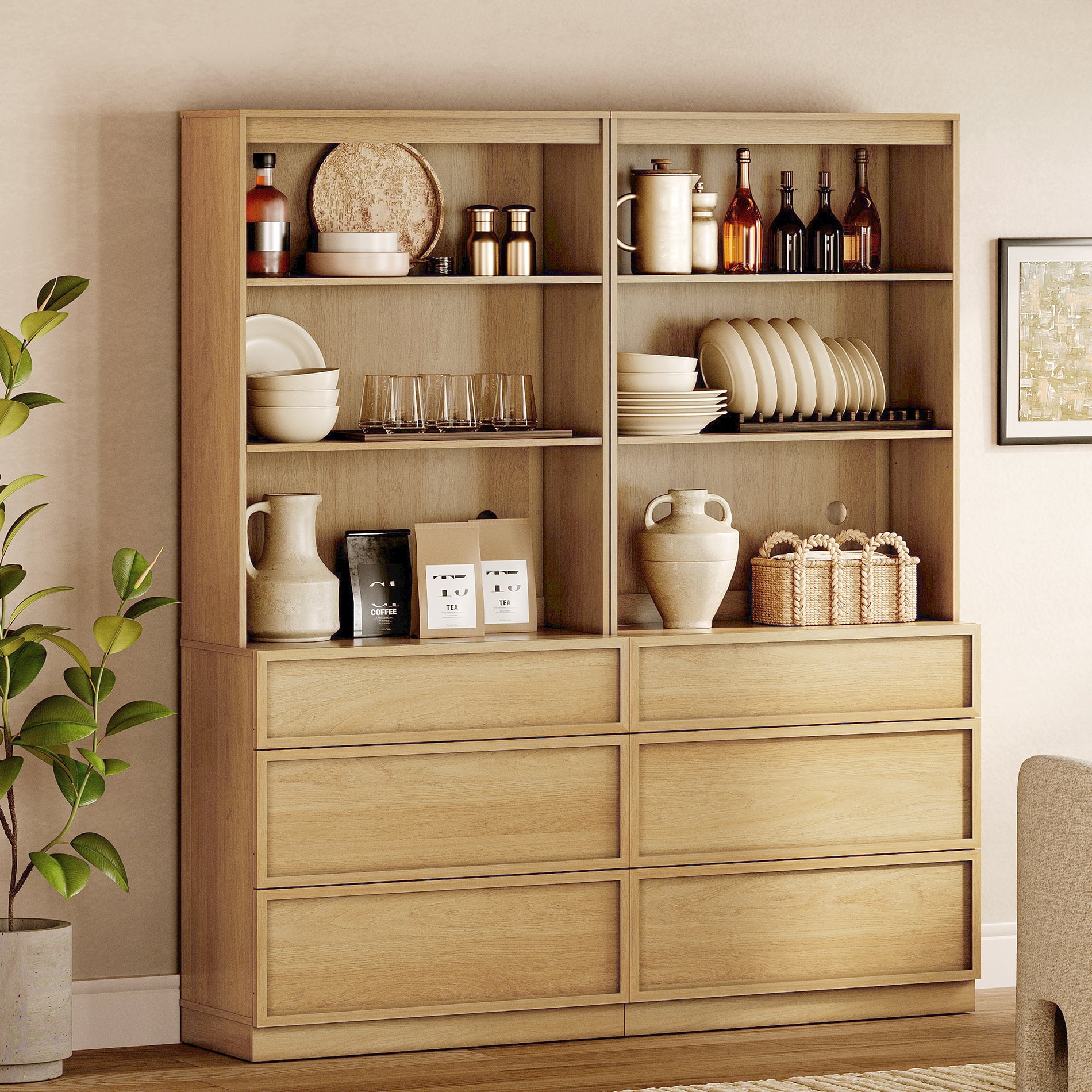 Modern 72" Tall 63" Wide Wood Sideboard Buffet with 6 Drawers & Open Shelves for Dining Kitchen,Oak