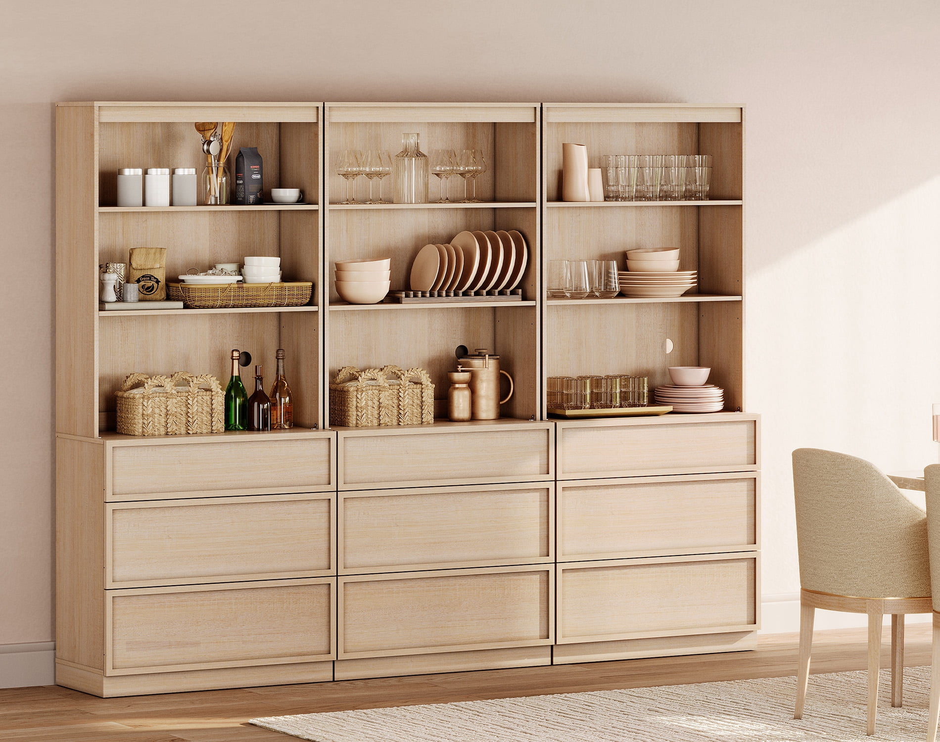 Modern 72" Tall 94.5" Wide Wood Sideboard Buffet with 9 Drawers & Open Shelves for Dining Kitchen,Beige