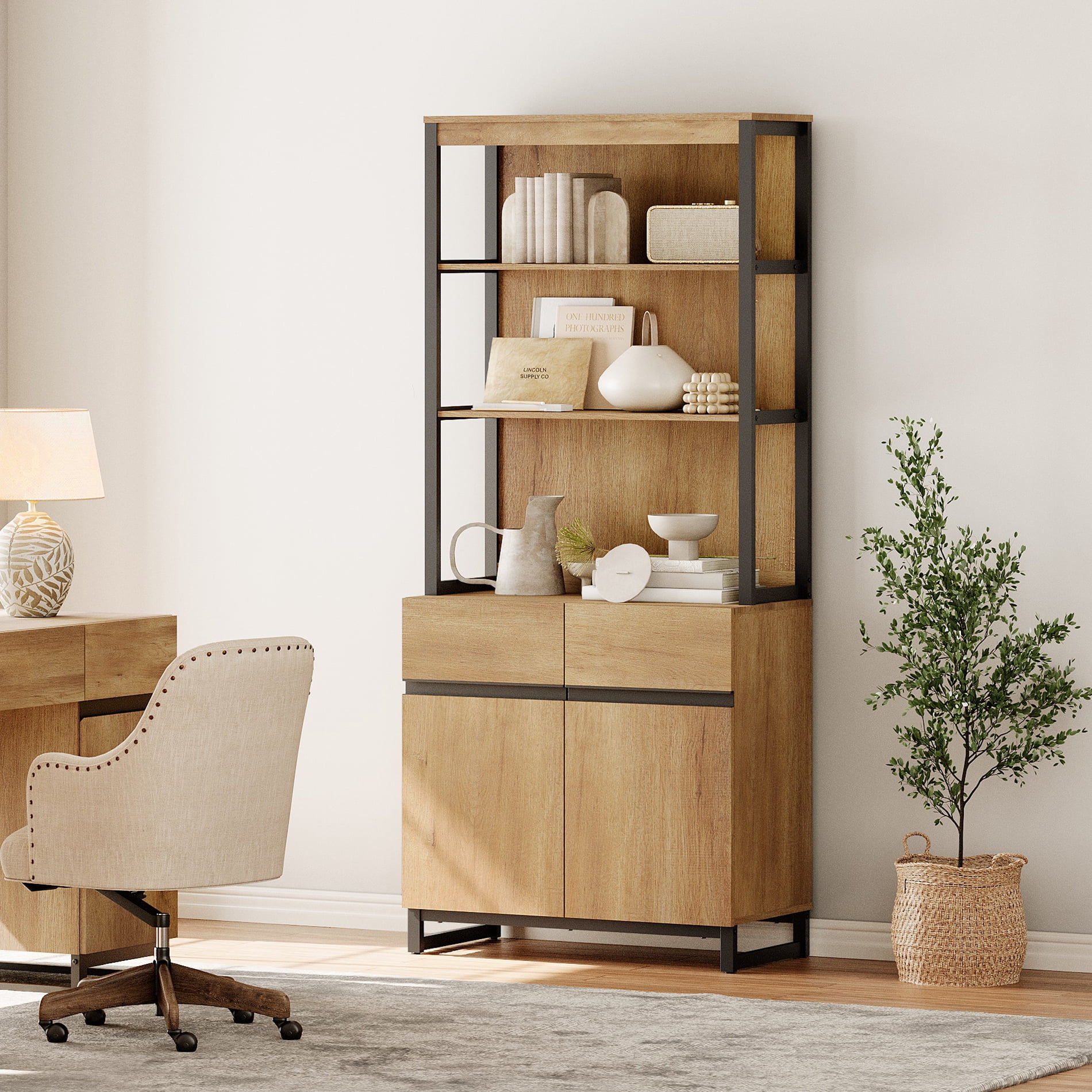 Modern 72" Tall Bookcase with Sturdy Metal Base, Freestanding Library Bookshelf with Adjustable Shelves, Closed Storage Cabinet and Open Display Shelves for Home Office, Living Room