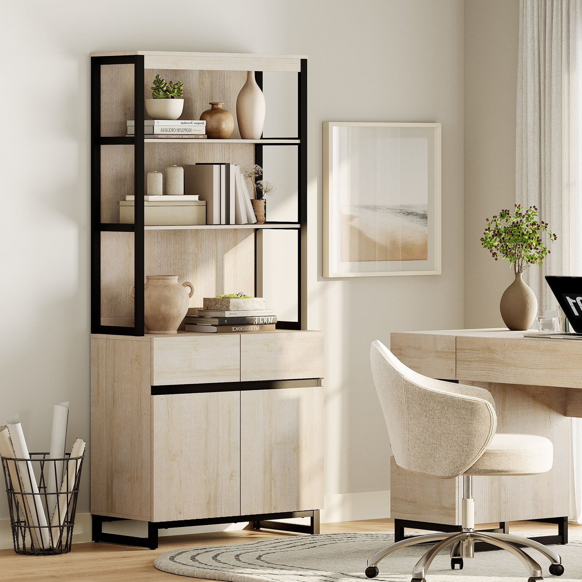 Modern 72" Tall Bookcase with Sturdy Metal Base, Freestanding Library Bookshelf with Adjustable Shelves, Closed Storage Cabinet and Open Display Shelves for Home Office, Living Room