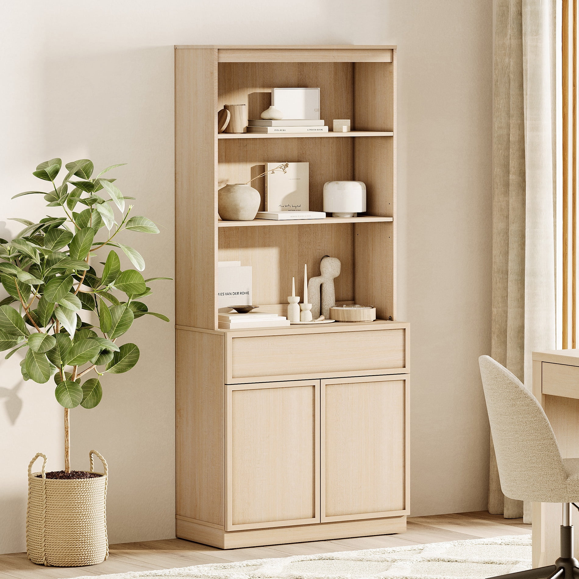 Modern 72" Tall Bookcase with Doors, Drawers & Adjustable Shelves, Wood Bookcase with Storage Cabinet and Open Shelving,Beige