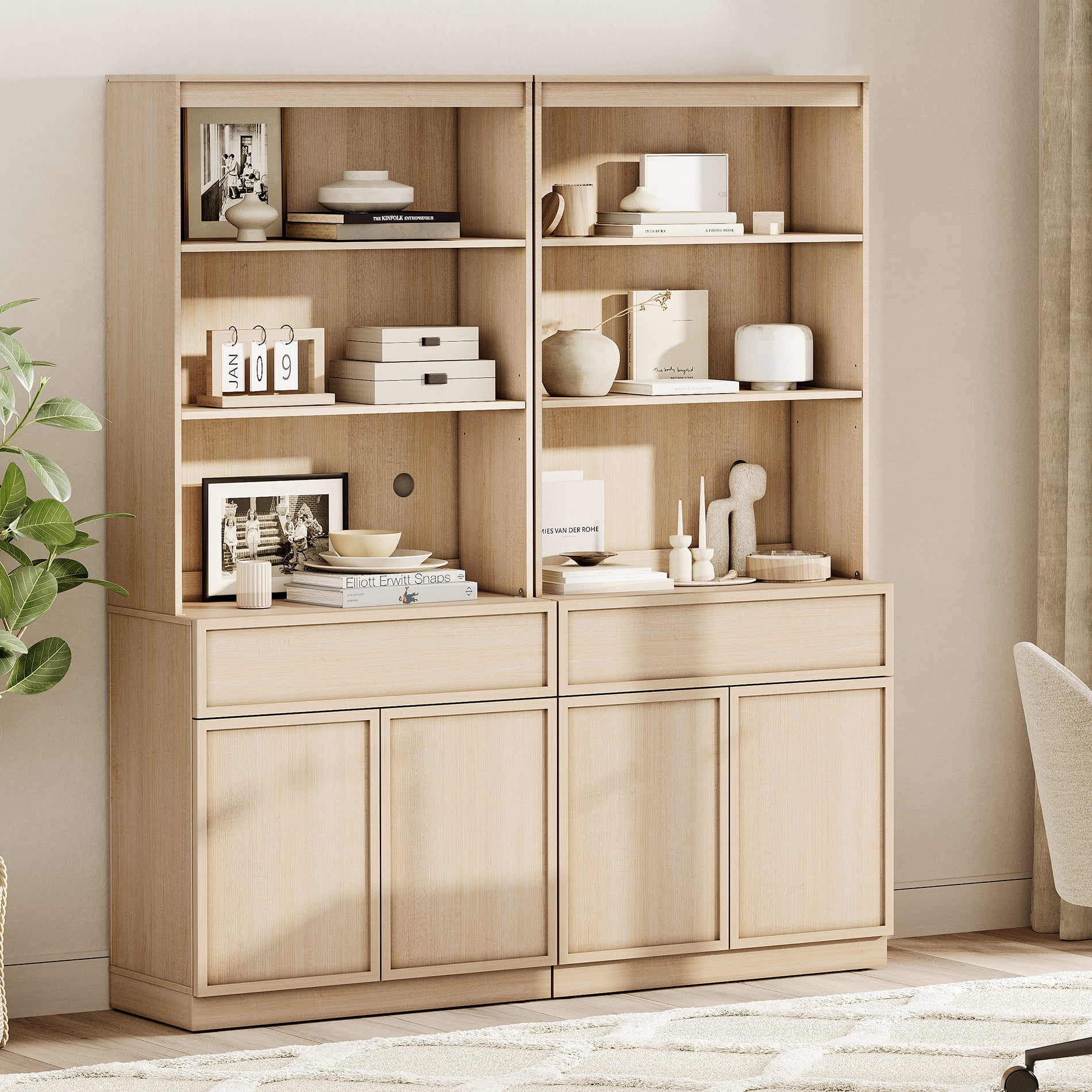 Modern 72" Tall Bookcase with Doors, Drawers & Adjustable Shelves, Wood Bookcase with Storage Cabinet and Open Shelving,Beige