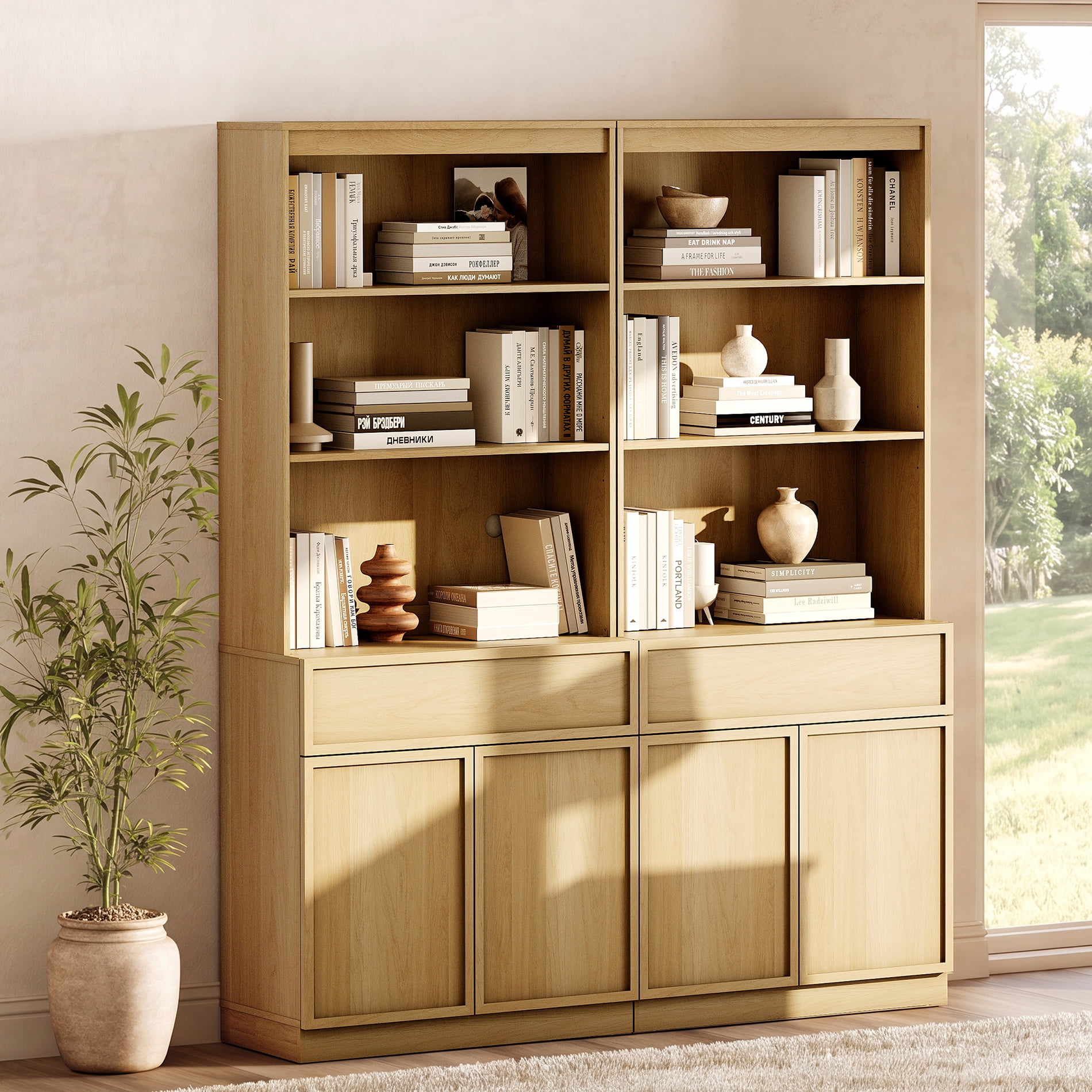 Modern 72" Tall Bookcase with Doors, Drawers & Adjustable Shelves, Wood Bookcase with Storage Cabinet and Open Shelving,Oak