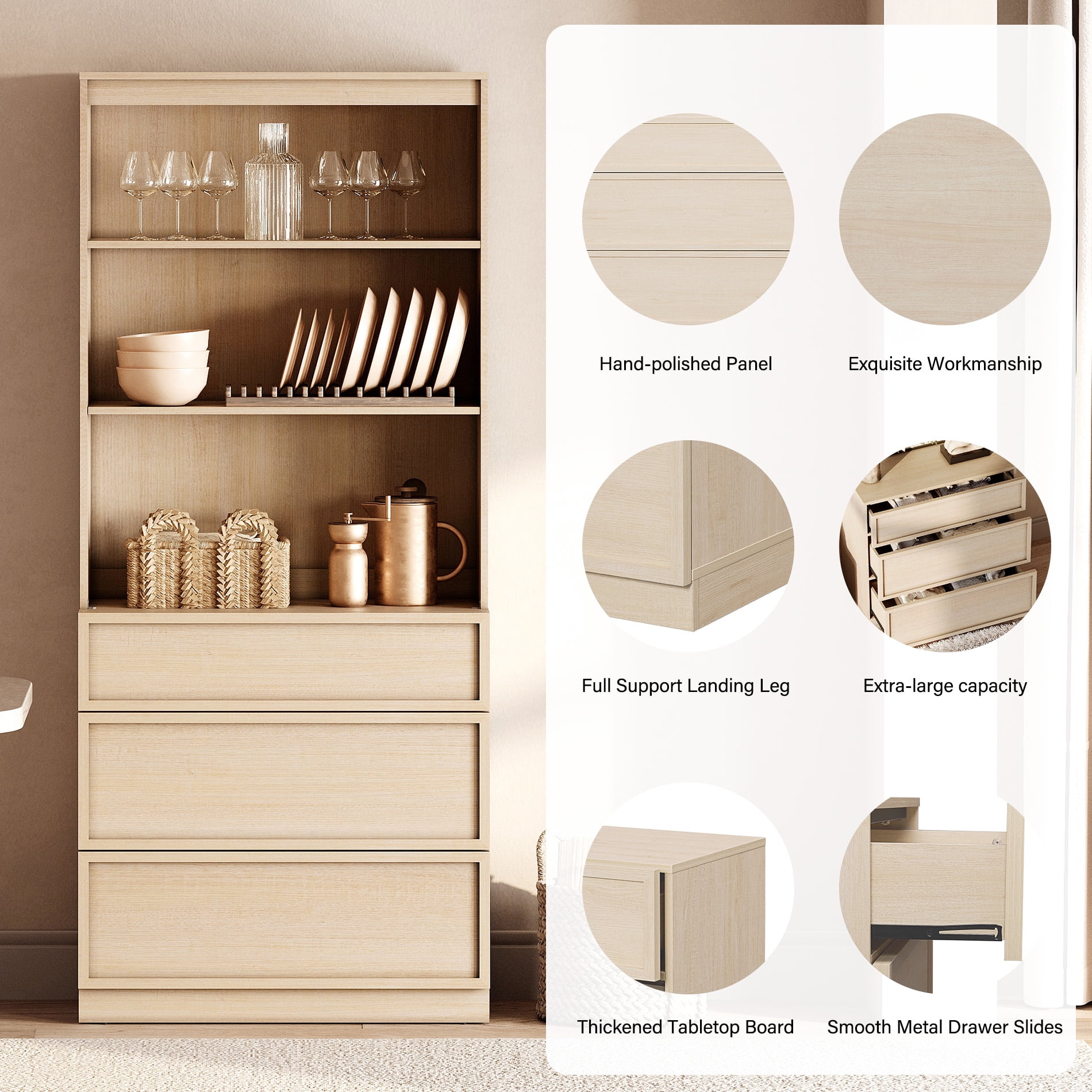 Modern 72" Tall Bookshelf with 12 Drawers and Open Book Shelves,Wood Freestanding Book shelf for Home Office, Living room,Beige