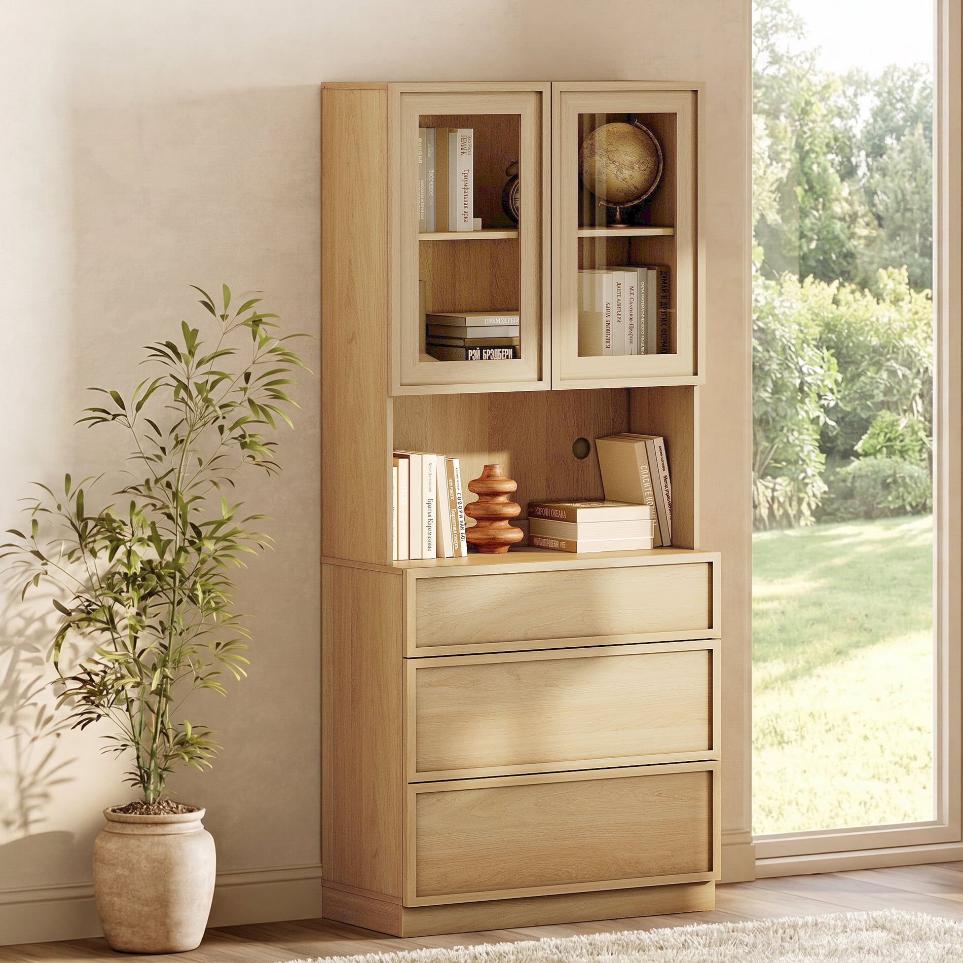 Modern 72" Tall Bookshelf with 3 Drawers and Book Shelves, Library Bookcase with Storage Cabinet and Glass Display Shelves,Oak