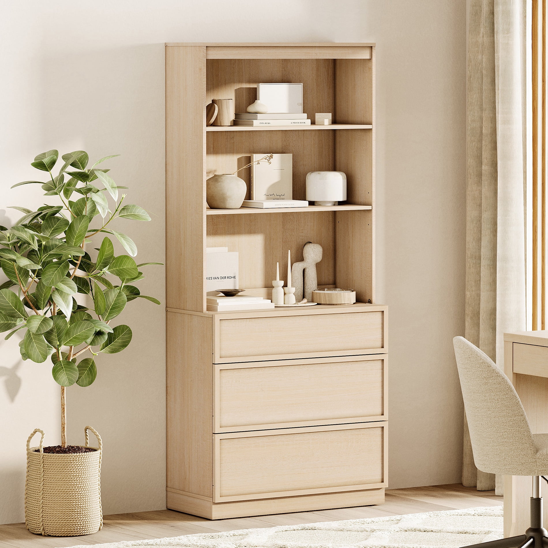 Modern 72" Tall Bookshelf with 3 Drawers and Open Book Shelves,Wood Freestanding Book shelf for Home Office, Living room,Beige