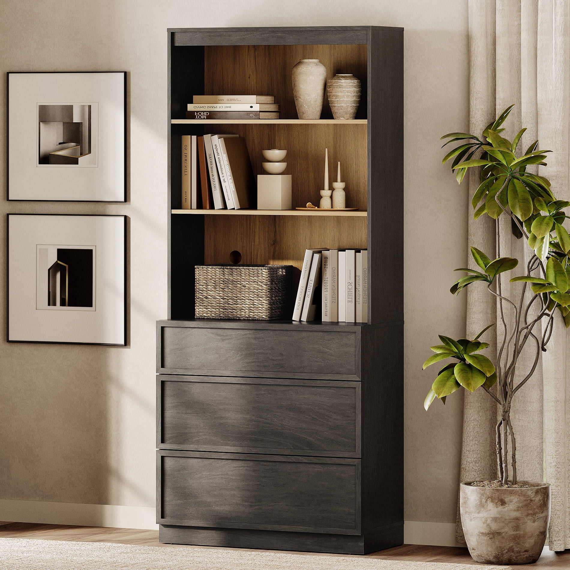 Modern 72" Tall Bookshelf with 3 Drawers and Open Book Shelves,Wood Freestanding Book shelf for Home Office, Living room,Black