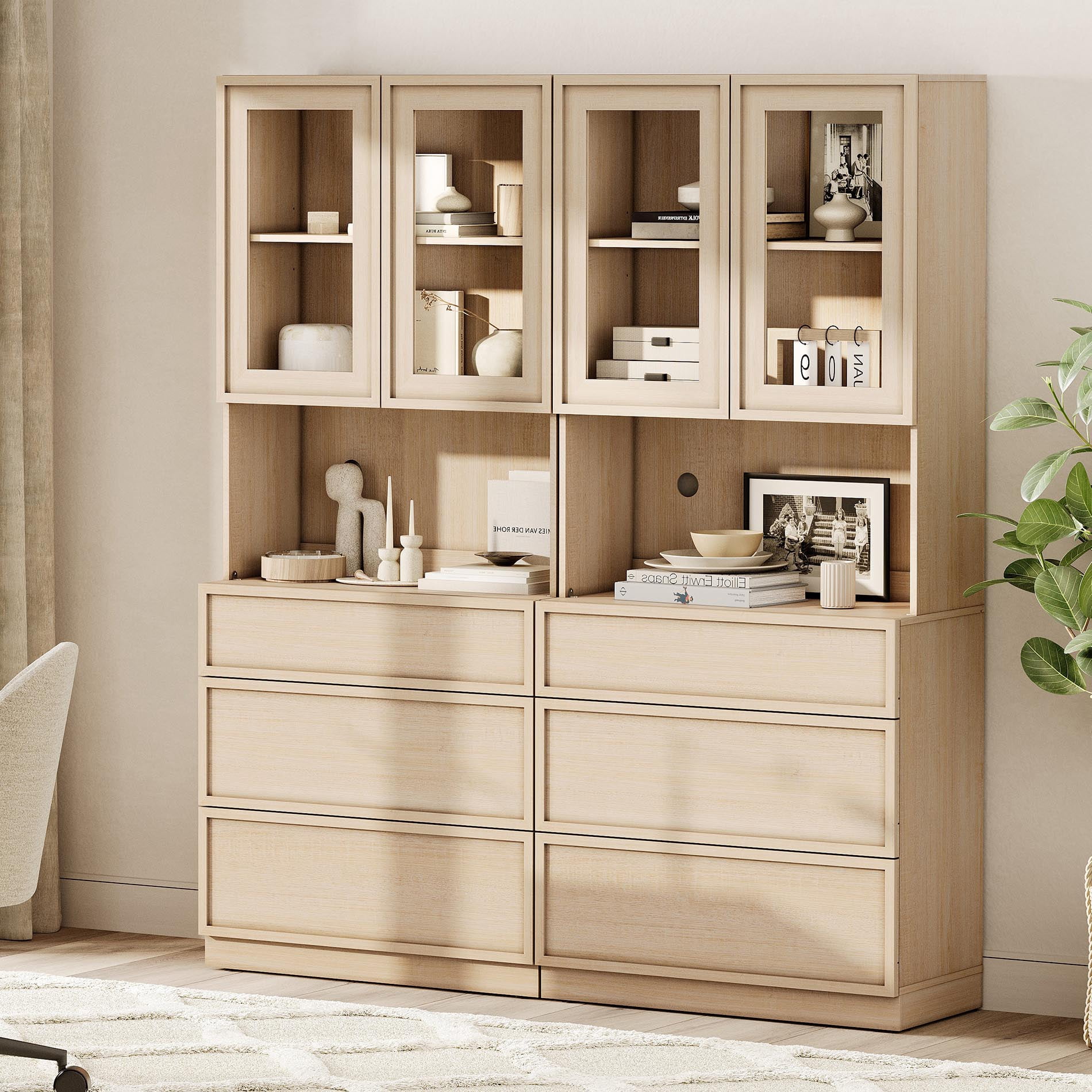 Modern 72" Tall Bookshelf with 6 Drawers and Book Shelves, Library Bookcase with Storage Cabinet and Glass Display Shelves,Beige