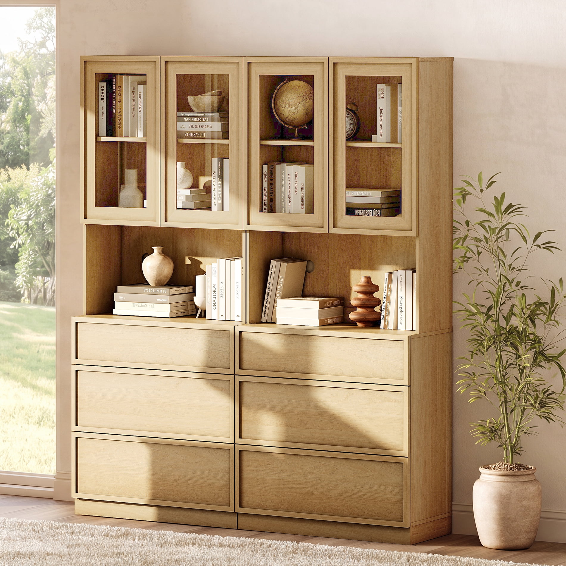 Modern 72" Tall Bookshelf with 6 Drawers and Book Shelves, Library Bookcase with Storage Cabinet and Glass Display Shelves,Oak