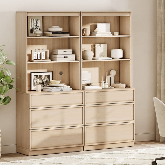 Modern 72" Tall Bookshelf with 6 Drawers and Open Book Shelves,Wood Freestanding Book shelf for Home Office, Living room,Beige