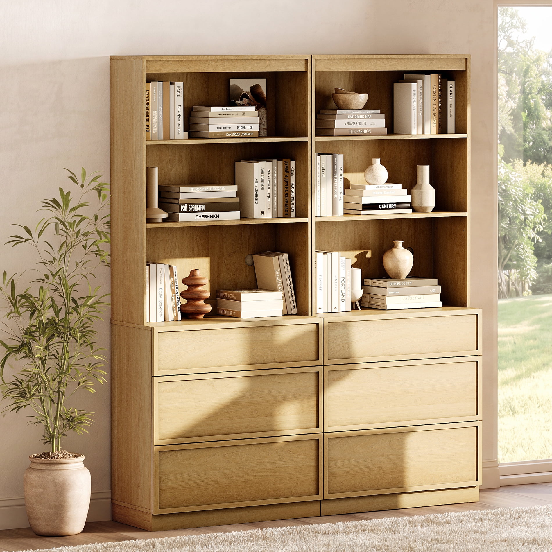 Modern 72" Tall Bookshelf with 6 Drawers and Open Book Shelves,Wood Freestanding Book shelf for Home Office, Living room,Oak