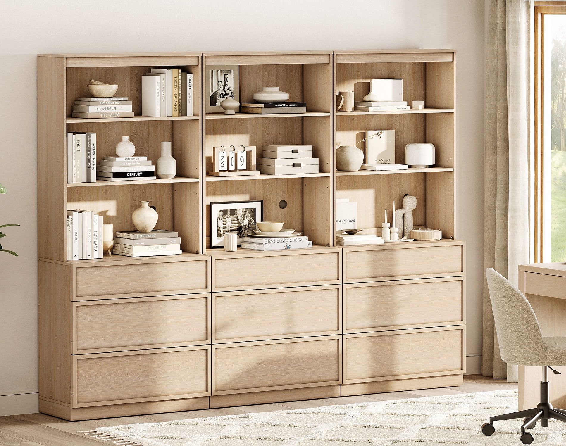 Modern 72" Tall Bookshelf with 9 Drawers and Open Book Shelves,Wood Freestanding Book shelf for Home Office, Living room,Beige