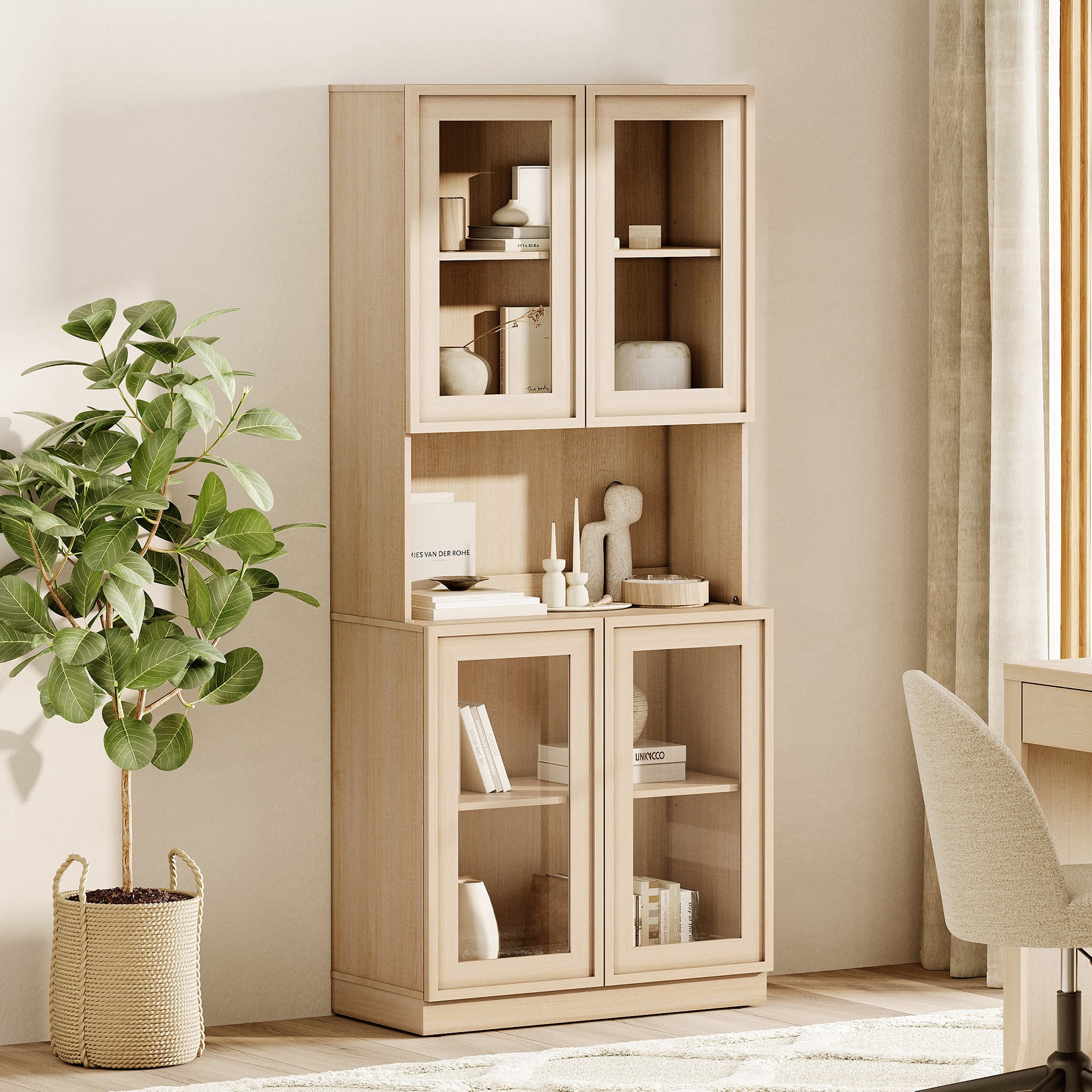 Modern 72" Tall Bookshelf with Glass Doors & Adjustable Shelves, Library Bookcase with Cabinet and Glass Display Shelves,Beige