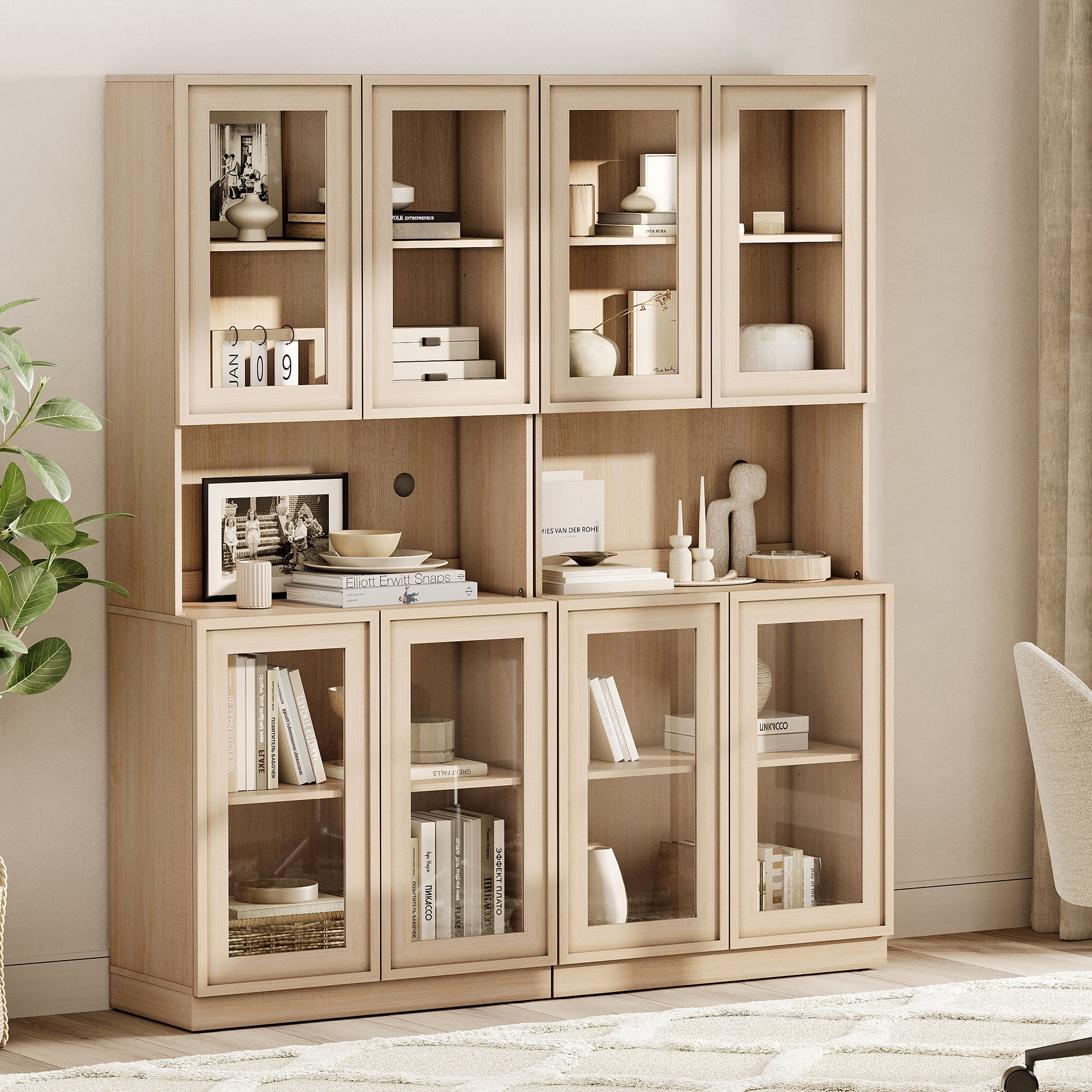 Modern 72" Tall Bookshelf with Glass Doors & Adjustable Shelves, Library Bookcase with Cabinet and Glass Display Shelves,Beige