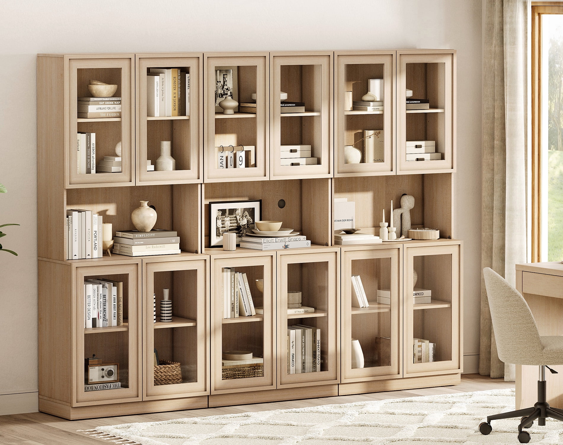 Modern 72" Tall Bookshelf with Glass Doors & Adjustable Shelves, Library Bookcase with Cabinet and Glass Display Shelves,Beige