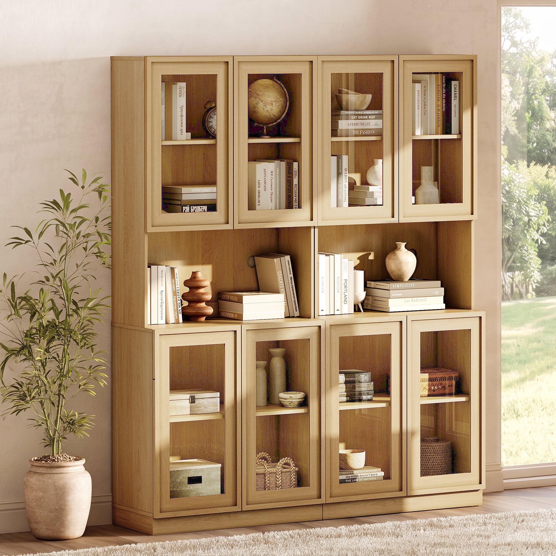 Modern 72" Tall Bookshelf with Glass Doors & Adjustable Shelves, Library Bookcase with Cabinet and Glass Display Shelves,Oak