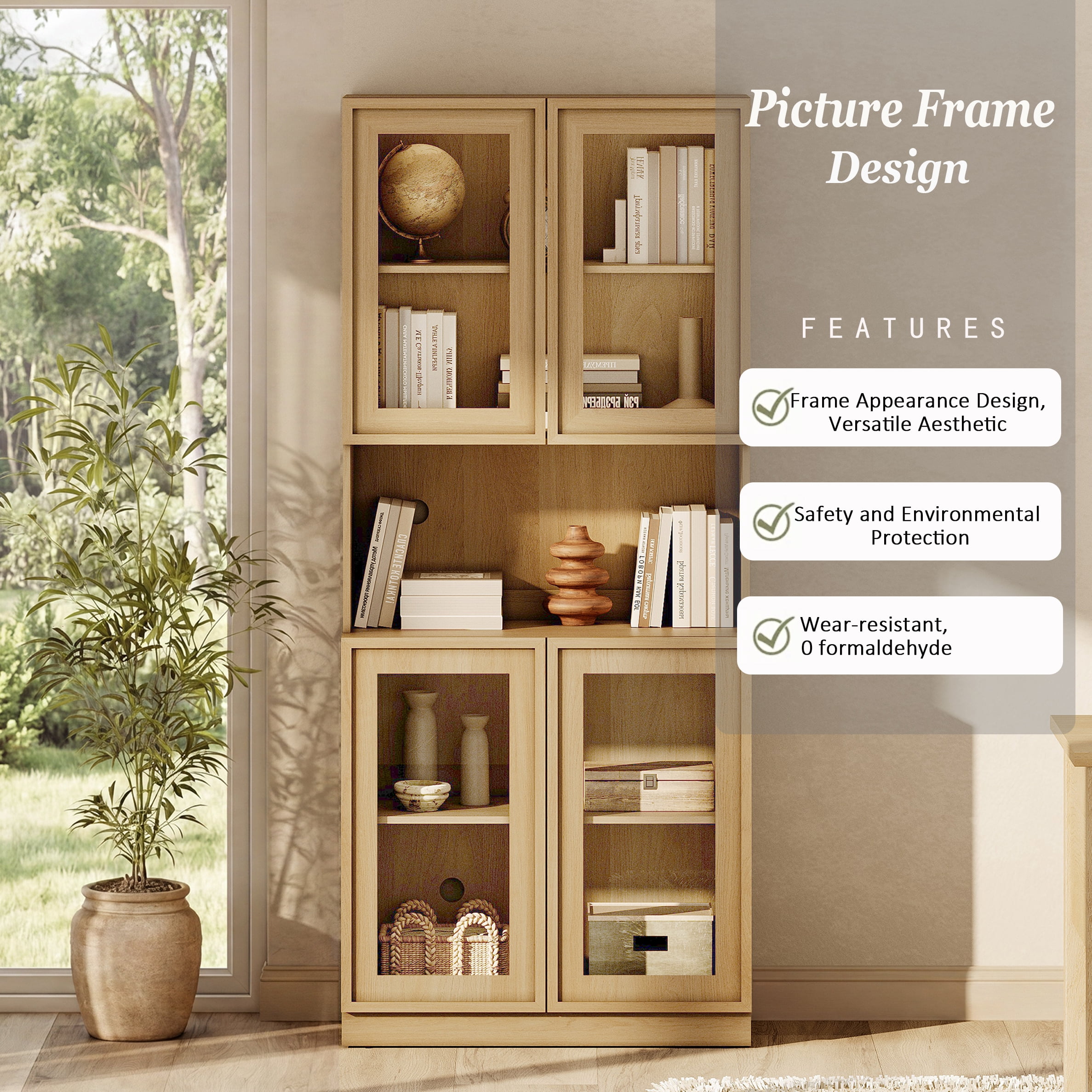 Modern 72" Tall Bookshelf with Glass Doors & Adjustable Shelves, Library Bookcase with Cabinet and Glass Display Shelves,Oak