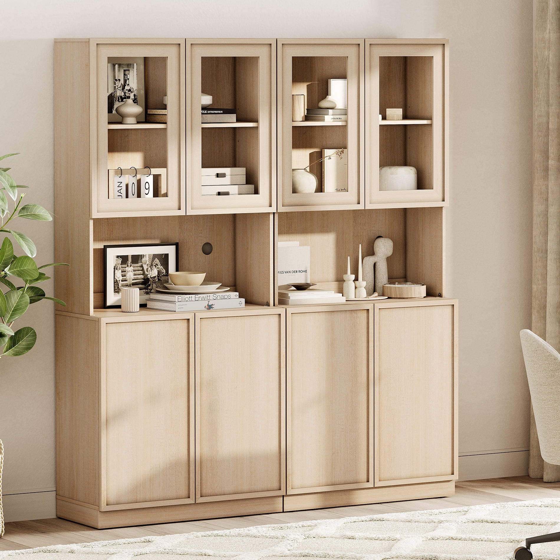 Modern 72" Tall Bookshelf with Glass Doors & Adjustable Shelves, Wood Bookcase with Closed Storage Cabinet,Beige