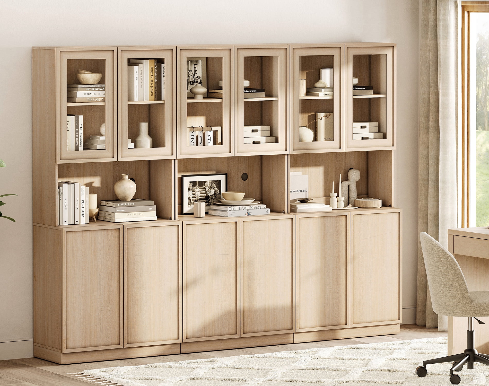 Modern 72" Tall Bookshelf with Glass Doors & Adjustable Shelves, Wood Bookcase with Closed Storage Cabinet,Beige