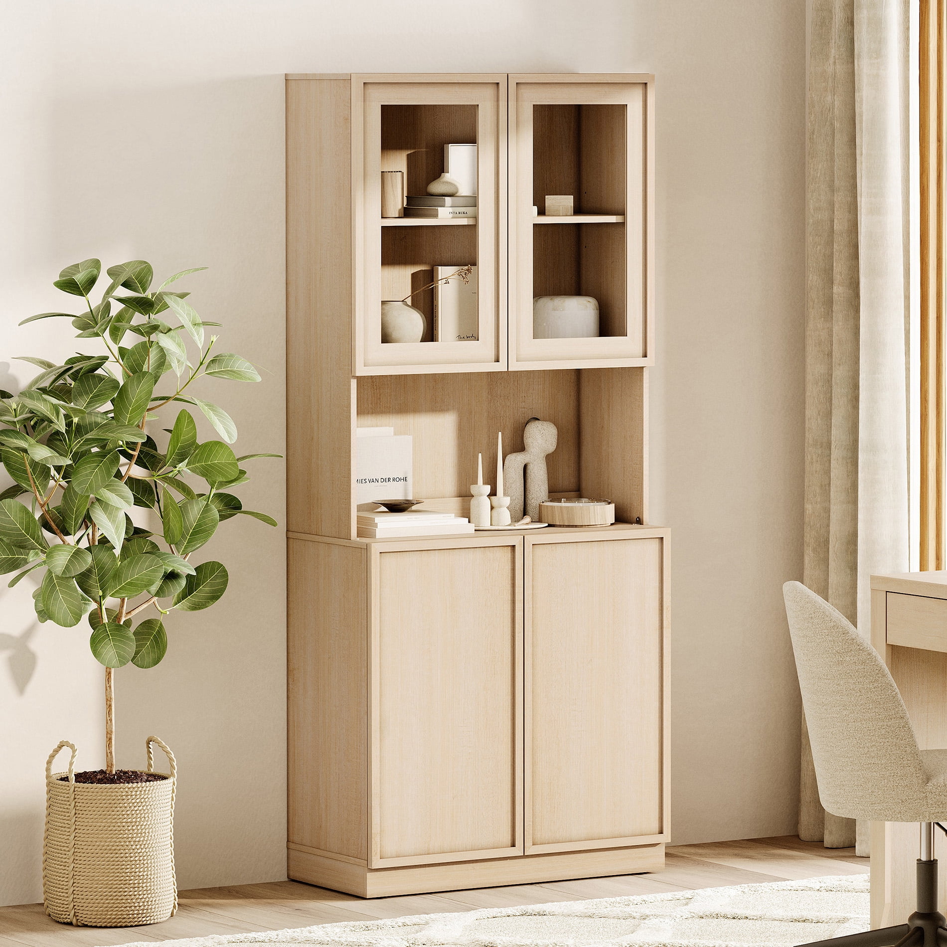 Modern 72" Tall Bookshelf with Glass Doors & Adjustable Shelves, Wood Bookcase with Closed Storage Cabinet,Beige
