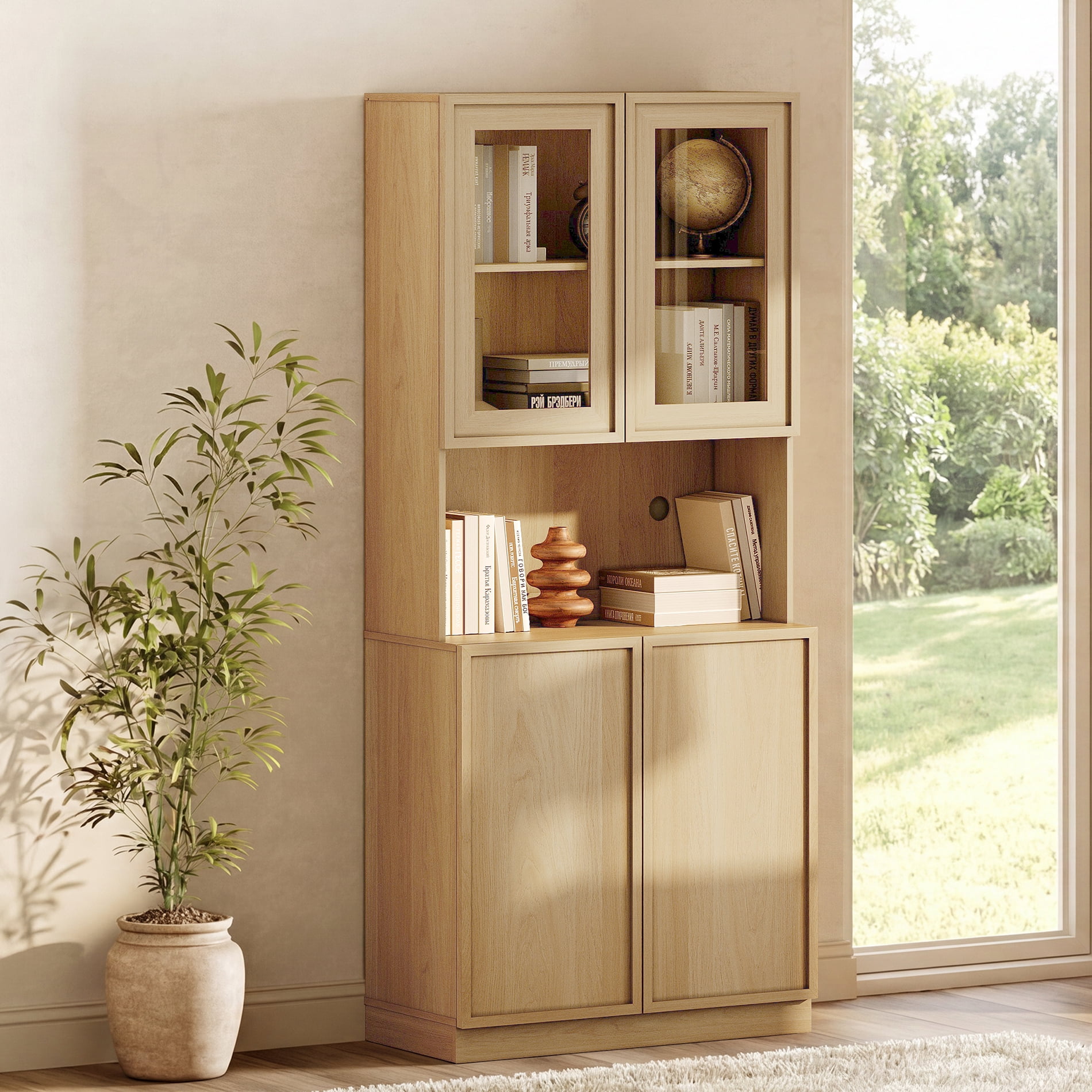 Modern 72" Tall Bookshelf with Glass Doors & Adjustable Shelves, Wood Bookcase with Closed Storage Cabinet,Oak