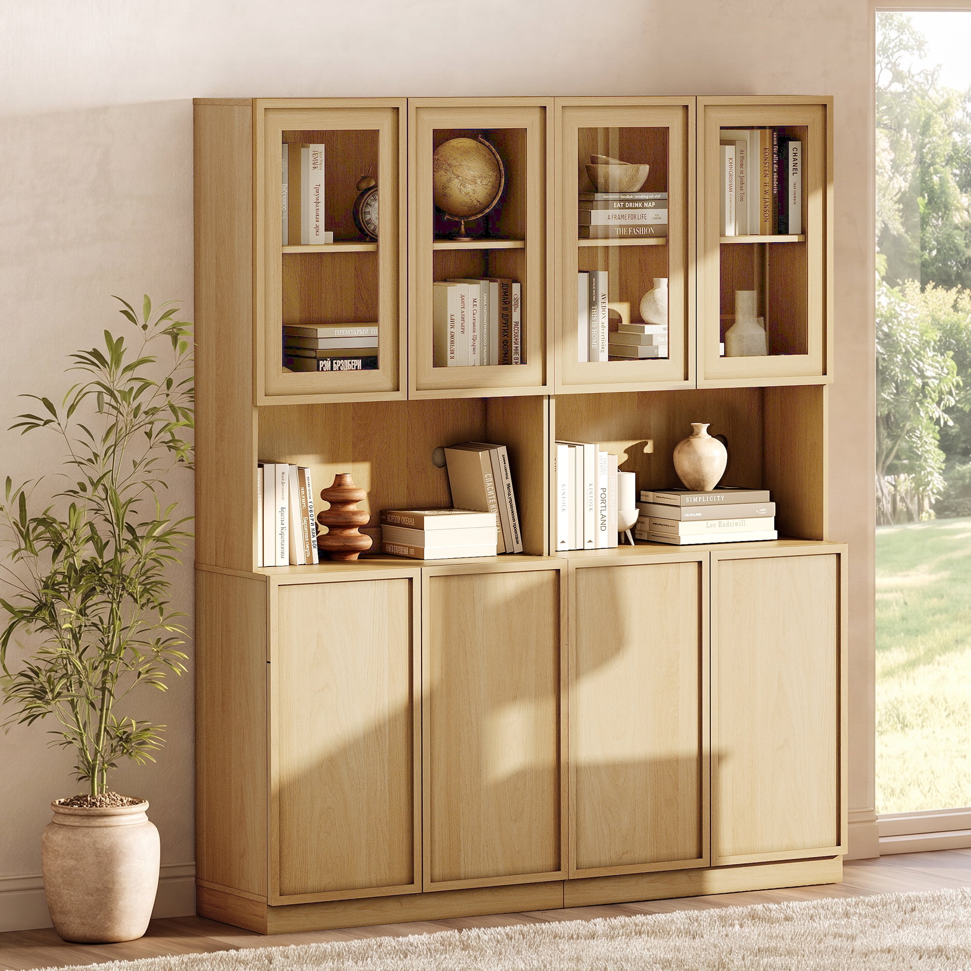 Modern 72" Tall Bookshelf with Glass Doors & Adjustable Shelves, Wood Bookcase with Closed Storage Cabinet,Oak