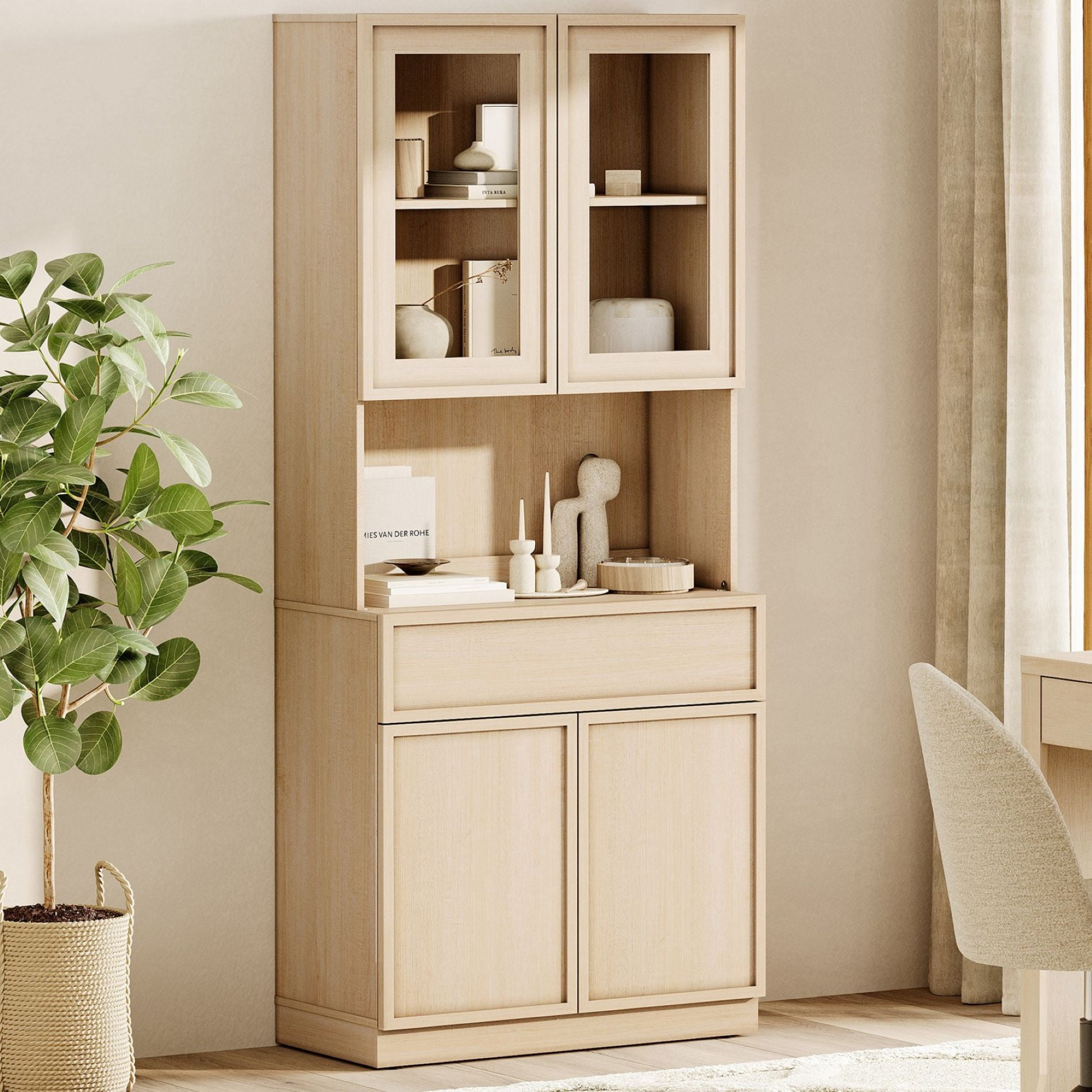Modern 72" Tall Bookshelf with Glass Doors, Drawers & Adjustable Shelves, Closed Storage Cabinet & Glass Display Shelves,Beige