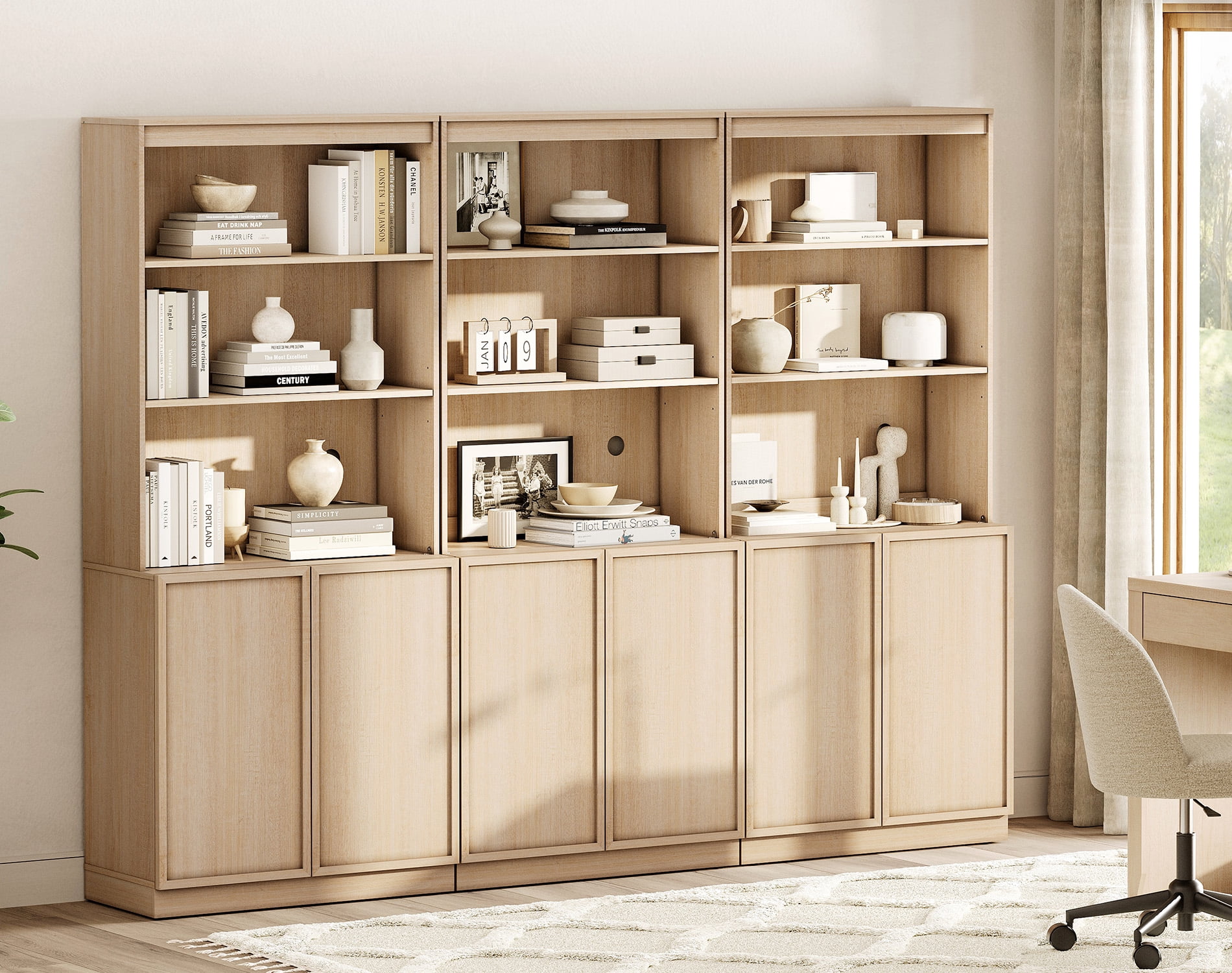 Modern 72" Tall Bookshelf with Glass Doors, Drawers & Adjustable Shelves, Closed Storage Cabinet & Glass Display Shelves,Beige