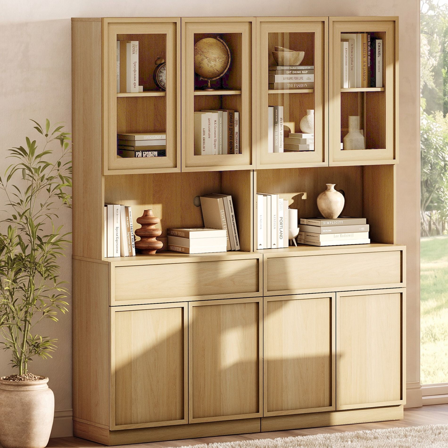 Modern 72" Tall Bookshelf with Glass Doors, Drawers & Adjustable Shelves, Closed Storage Cabinet & Glass Display Shelves,Oak