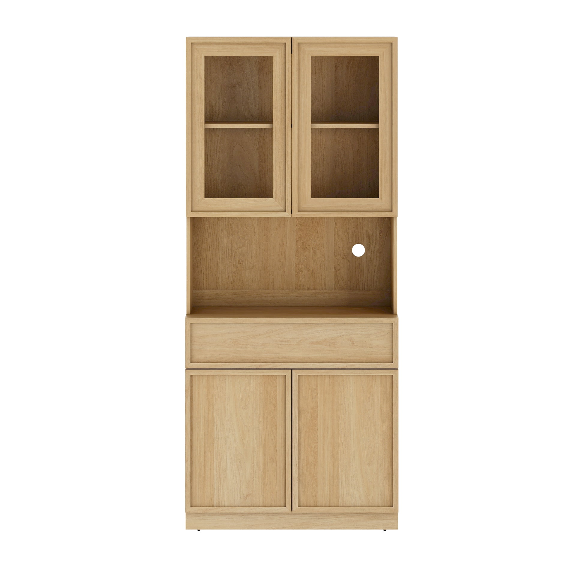 Modern 72" Tall Bookshelf with Glass Doors, Drawers & Adjustable Shelves, Closed Storage Cabinet & Glass Display Shelves,Oak