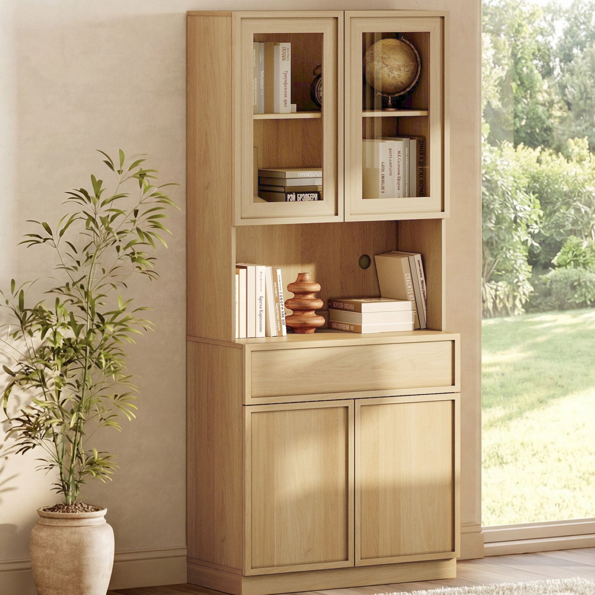 Modern 72" Tall Bookshelf with Glass Doors, Drawers & Adjustable Shelves, Closed Storage Cabinet & Glass Display Shelves,Oak