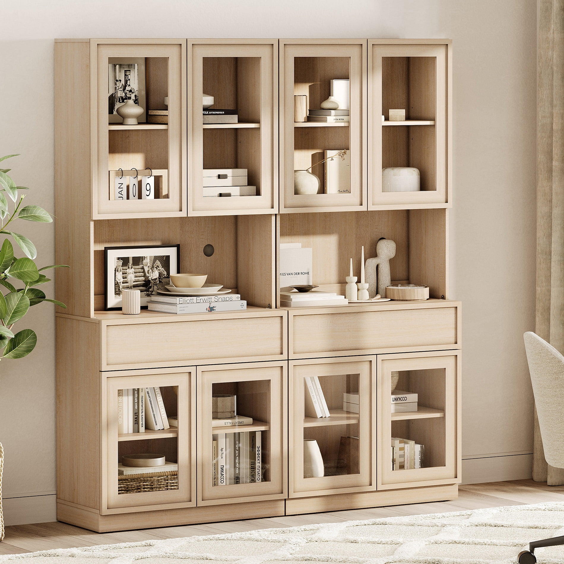 Modern 72" Tall Bookshelf with Glass Doors, Drawers & Adjustable Shelves,Storage Cabinet and Glass Display Shelves,Beige