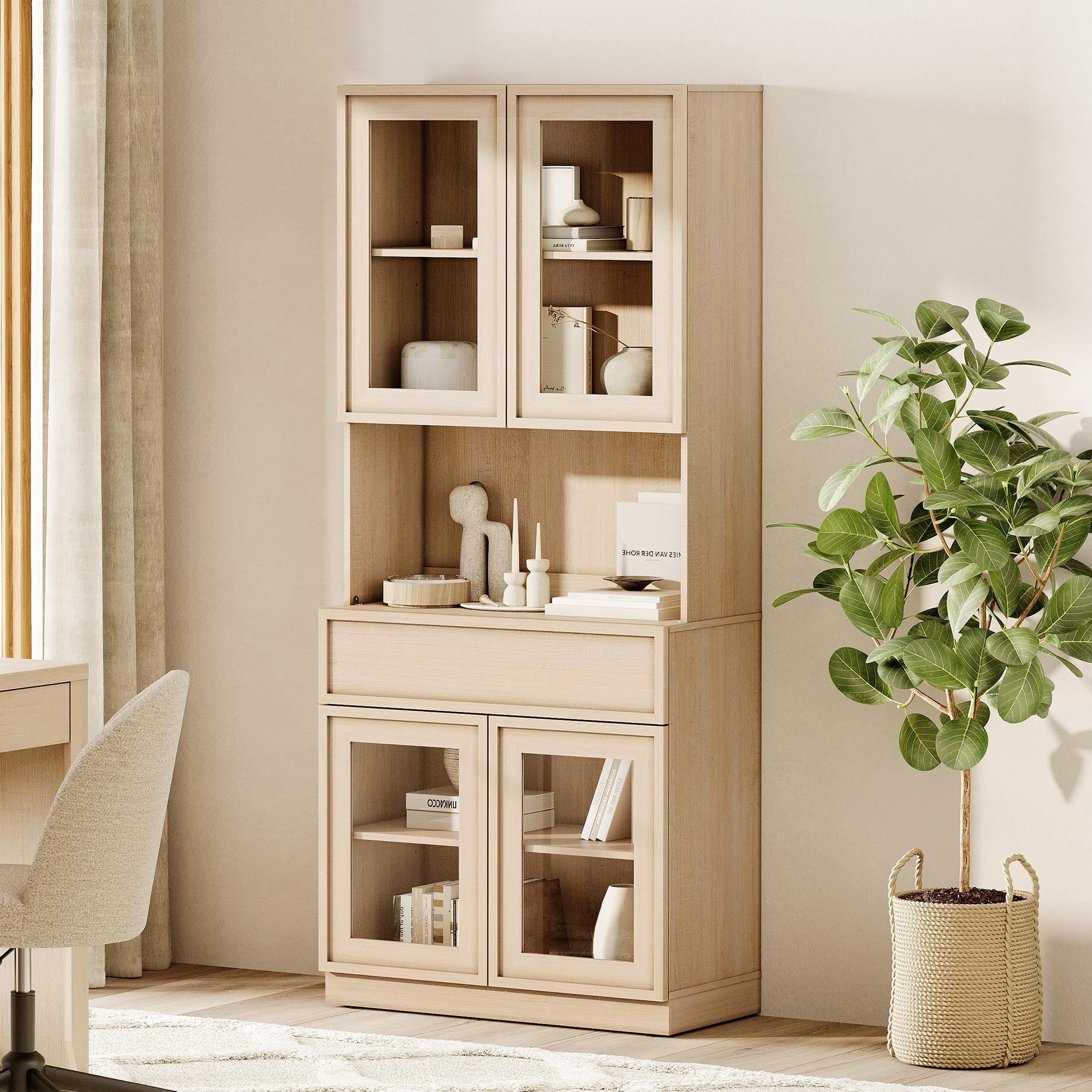 Modern 72" Tall Bookshelf with Glass Doors, Drawers & Adjustable Shelves,Storage Cabinet and Glass Display Shelves,Beige