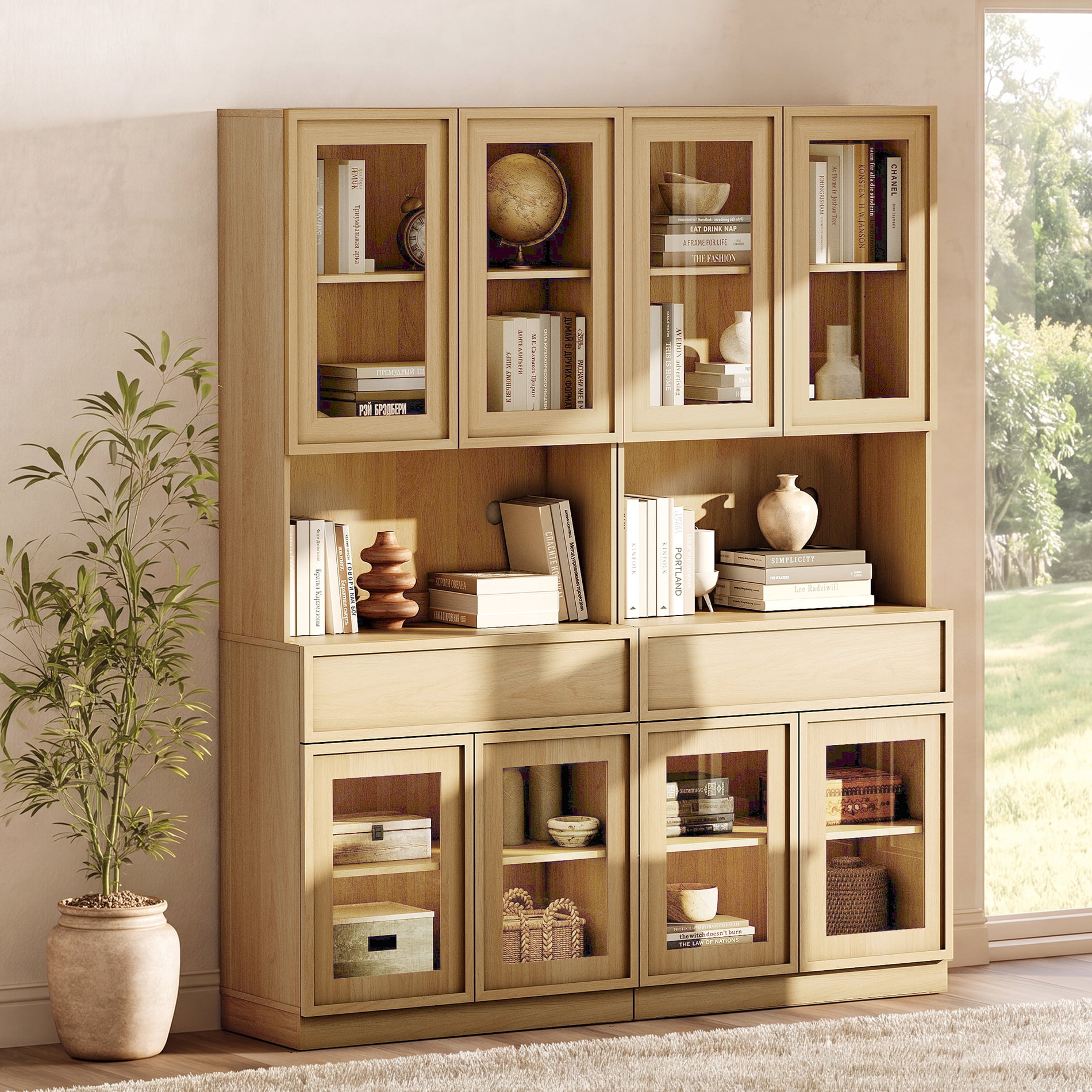 Modern 72" Tall Bookshelf with Glass Doors, Drawers & Adjustable Shelves,Storage Cabinet and Glass Display Shelves,Oak