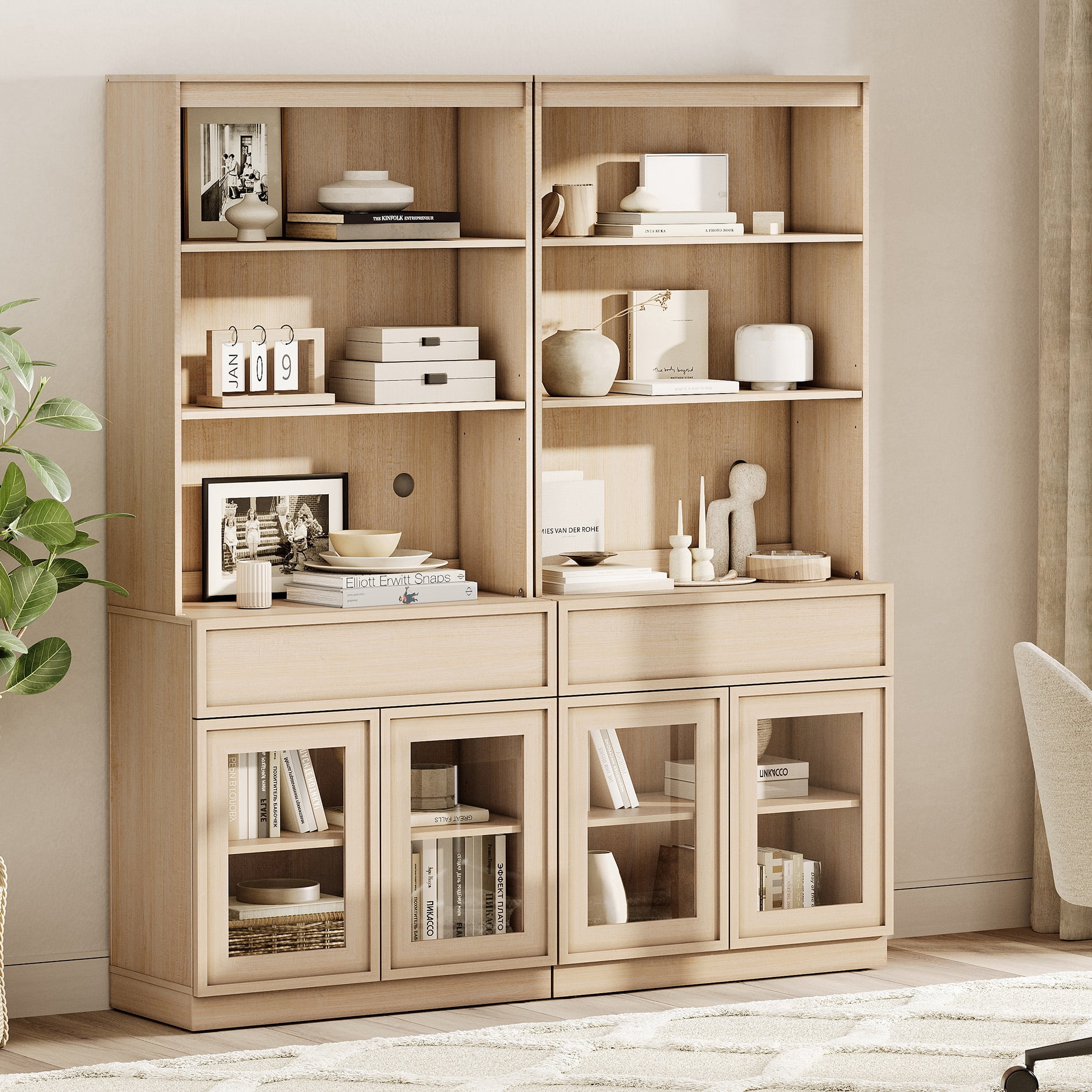Modern 72" Tall Bookshelf with Glass Doors & Drawers, Library Bookcase with Storage Cabinet and Open Shelves,Beige