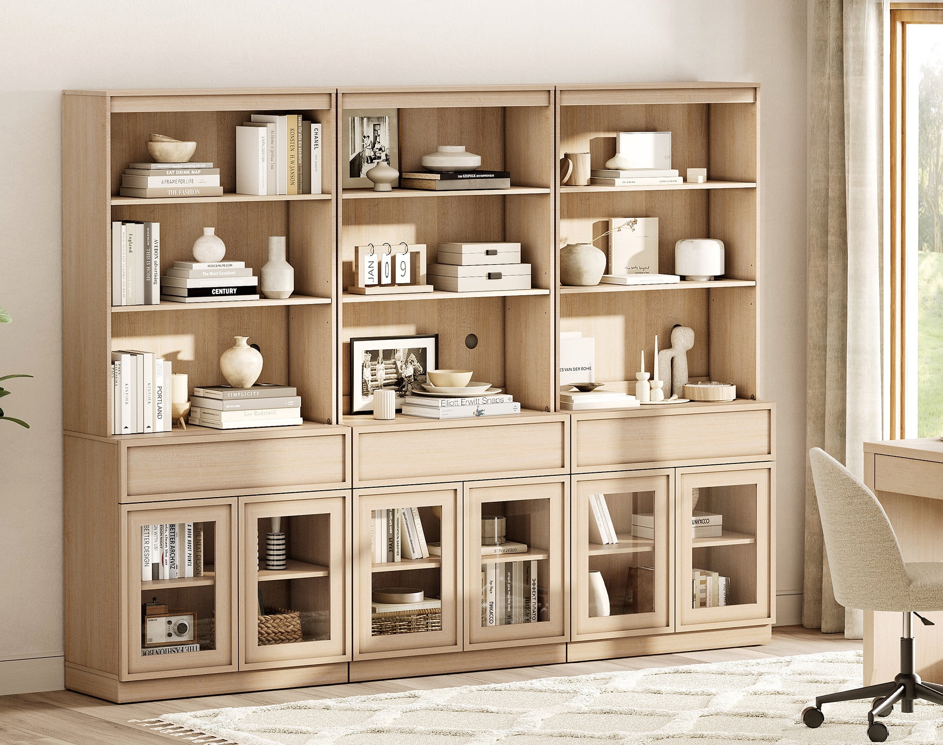 Modern 72" Tall Bookshelf with Glass Doors & Drawers, Library Bookcase with Storage Cabinet and Open Shelves,Beige