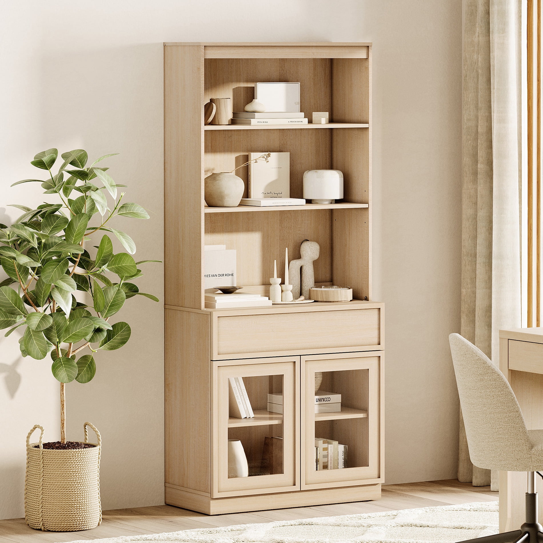Modern 72" Tall Bookshelf with Glass Doors & Drawers, Library Bookcase with Storage Cabinet and Open Shelves,Beige