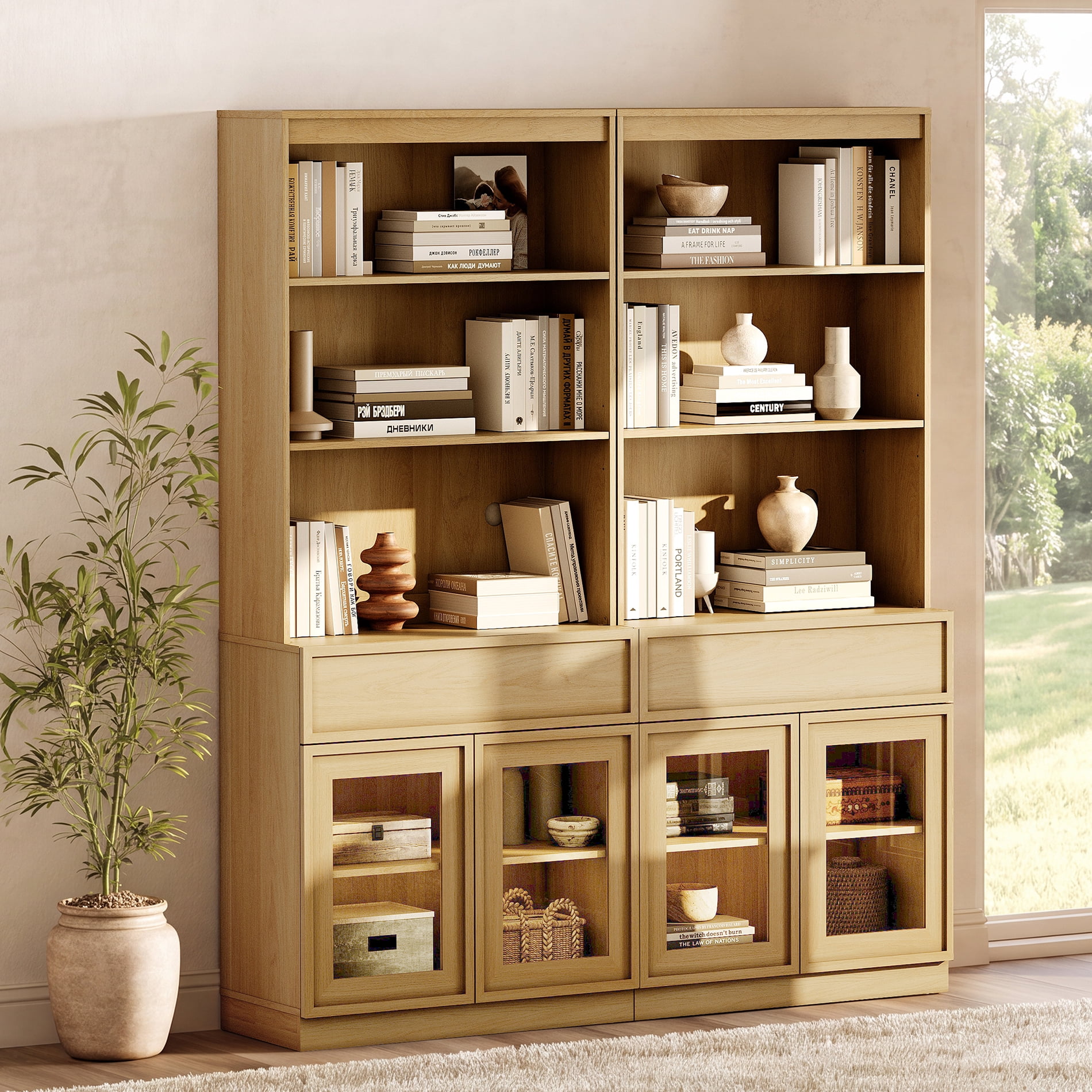 Modern 72" Tall Bookshelf with Glass Doors & Drawers, Library Bookcase with Storage Cabinet and Open Shelves,Oak