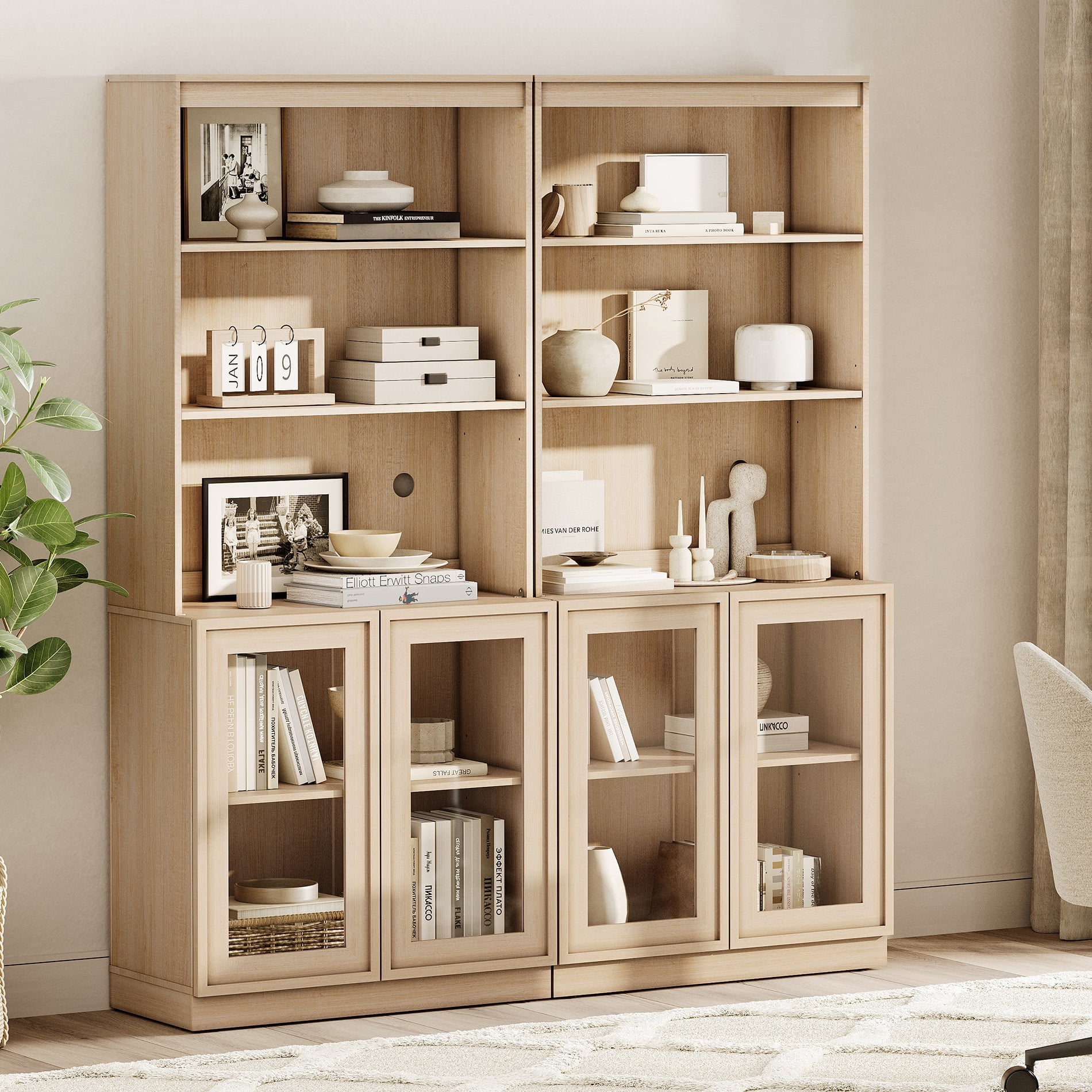 Modern 72" Tall Bookshelf with Glass Doors and Adjustable Shelves, Library Bookcase with Storage Cabinet and Open Shelves,Beige