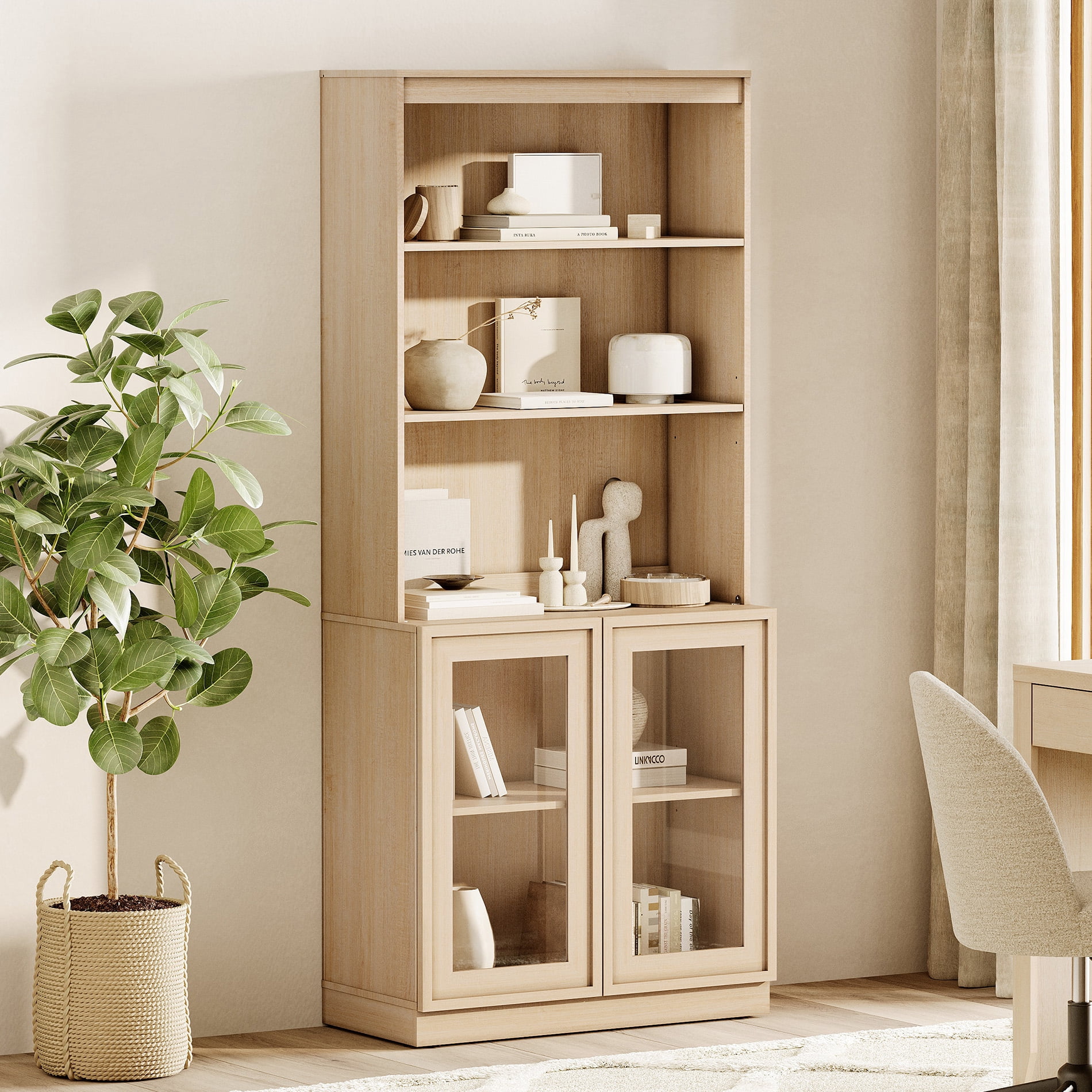 Modern 72" Tall Bookshelf with Glass Doors and Adjustable Shelves, Library Bookcase with Storage Cabinet and Open Shelves,Beige