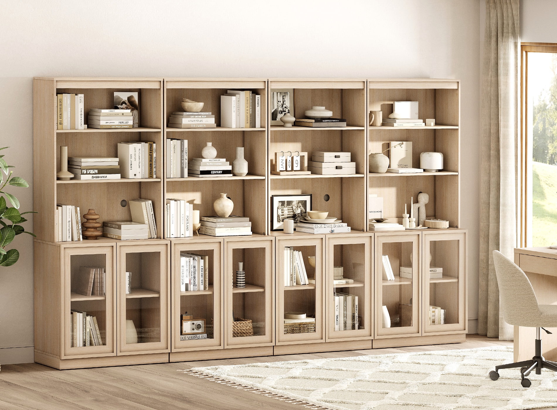 Modern 72" Tall Bookshelf with Glass Doors and Adjustable Shelves, Library Bookcase with Storage Cabinet and Open Shelves,Beige