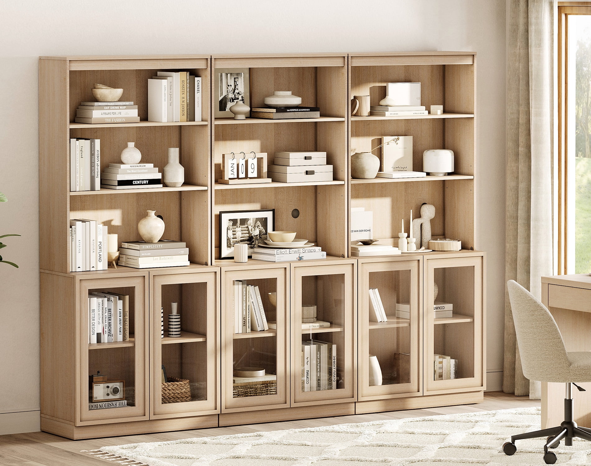 Modern 72" Tall Bookshelf with Glass Doors and Adjustable Shelves, Library Bookcase with Storage Cabinet and Open Shelves,Beige
