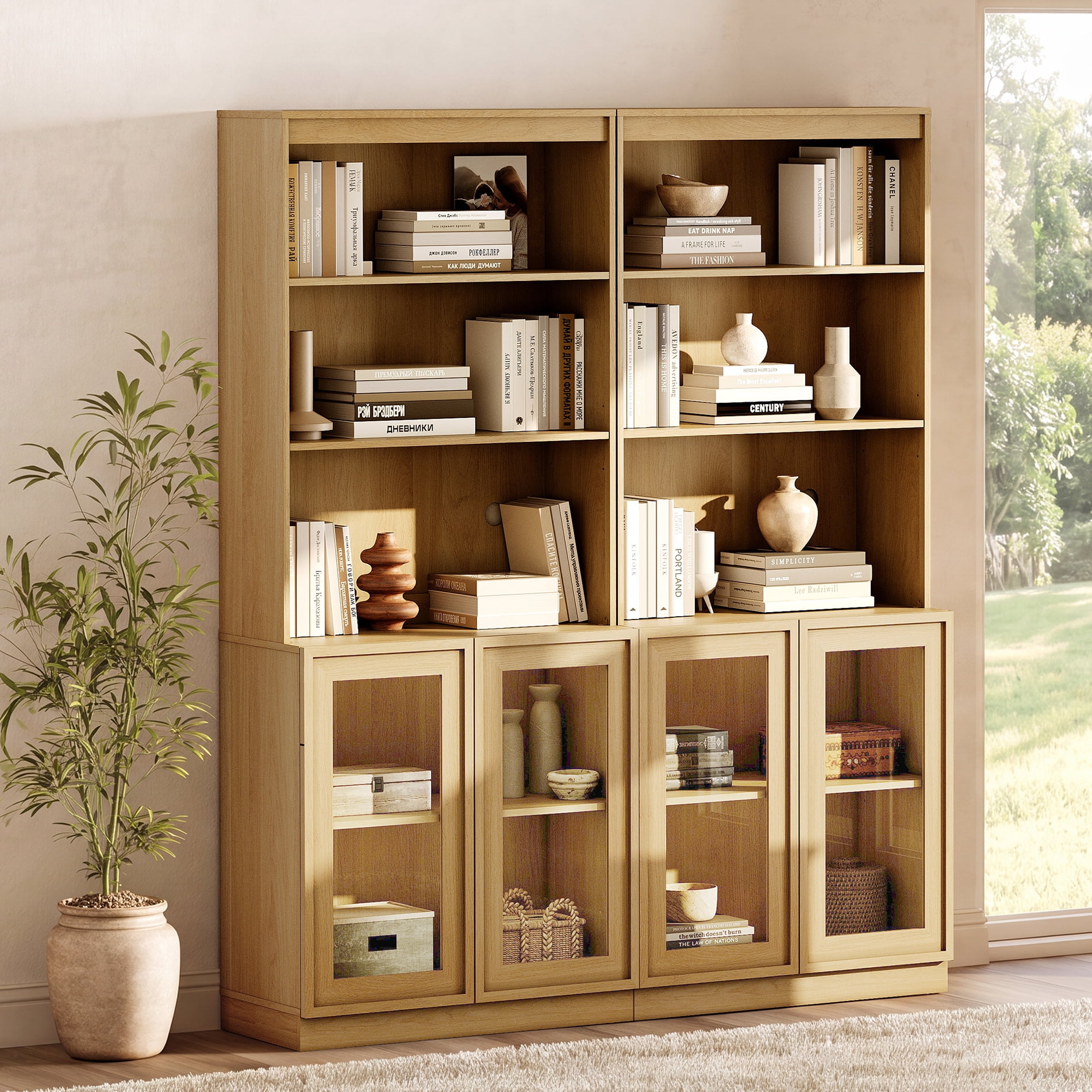Modern 72" Tall Bookshelf with Glass Doors and Adjustable Shelves, Library Bookcase with Storage Cabinet and Open Shelves,Oak