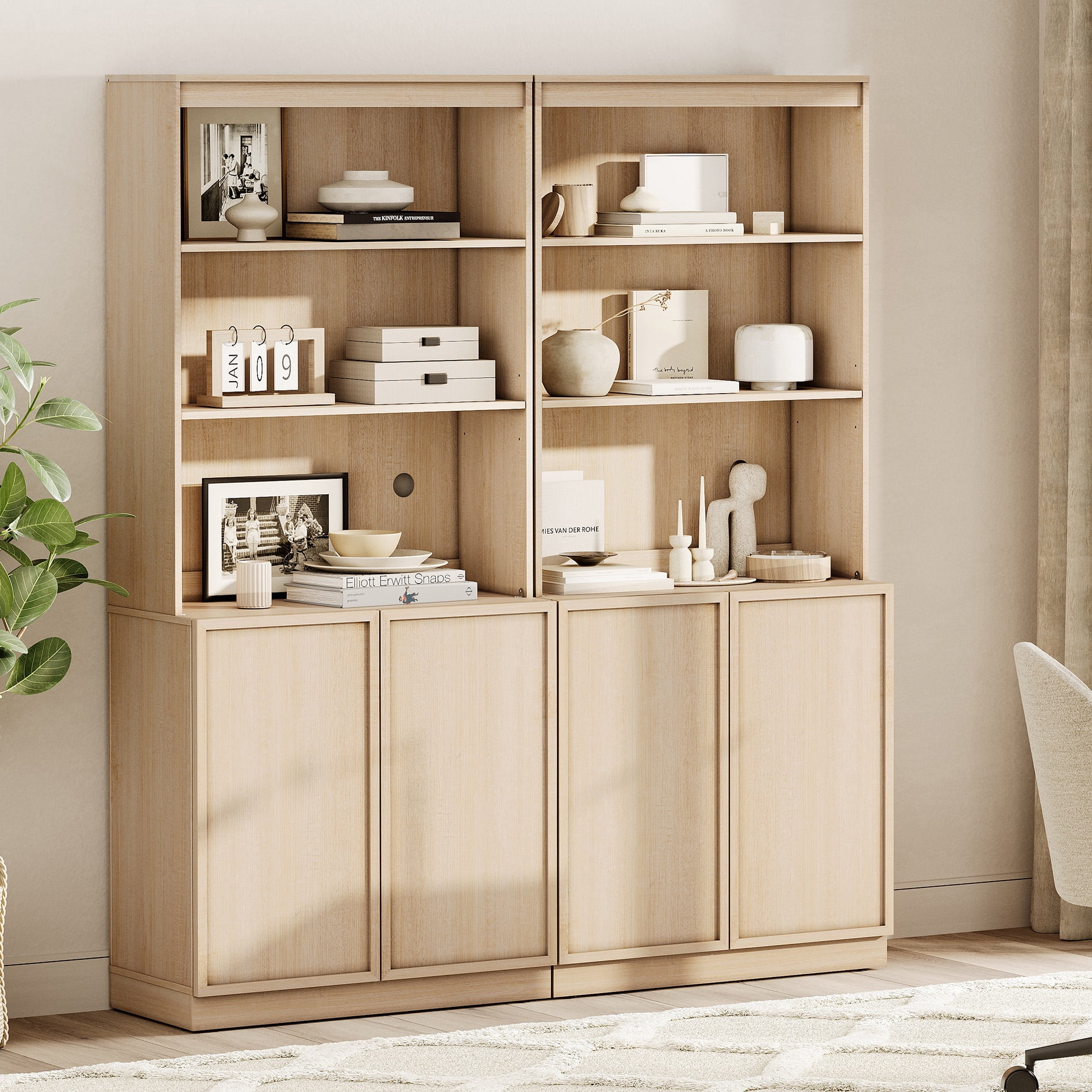 Modern 72" Tall Bookshelf with Storage Cabinet and Open Book Shelves, Wood Book shelf for Home Office, Living room,Beige