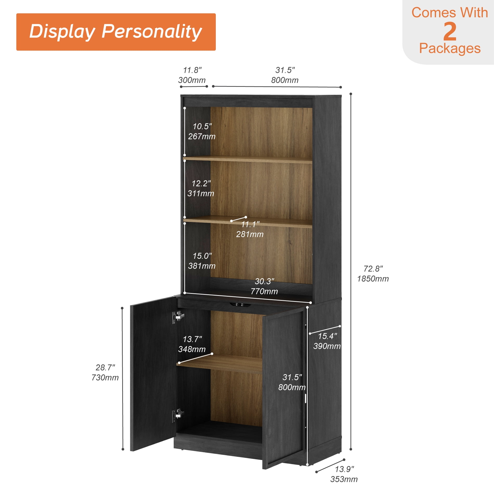 Modern 72" Tall Bookshelf with Storage Cabinet and Open Book Shelves, Wood Book shelf for Home Office, Living room,Black