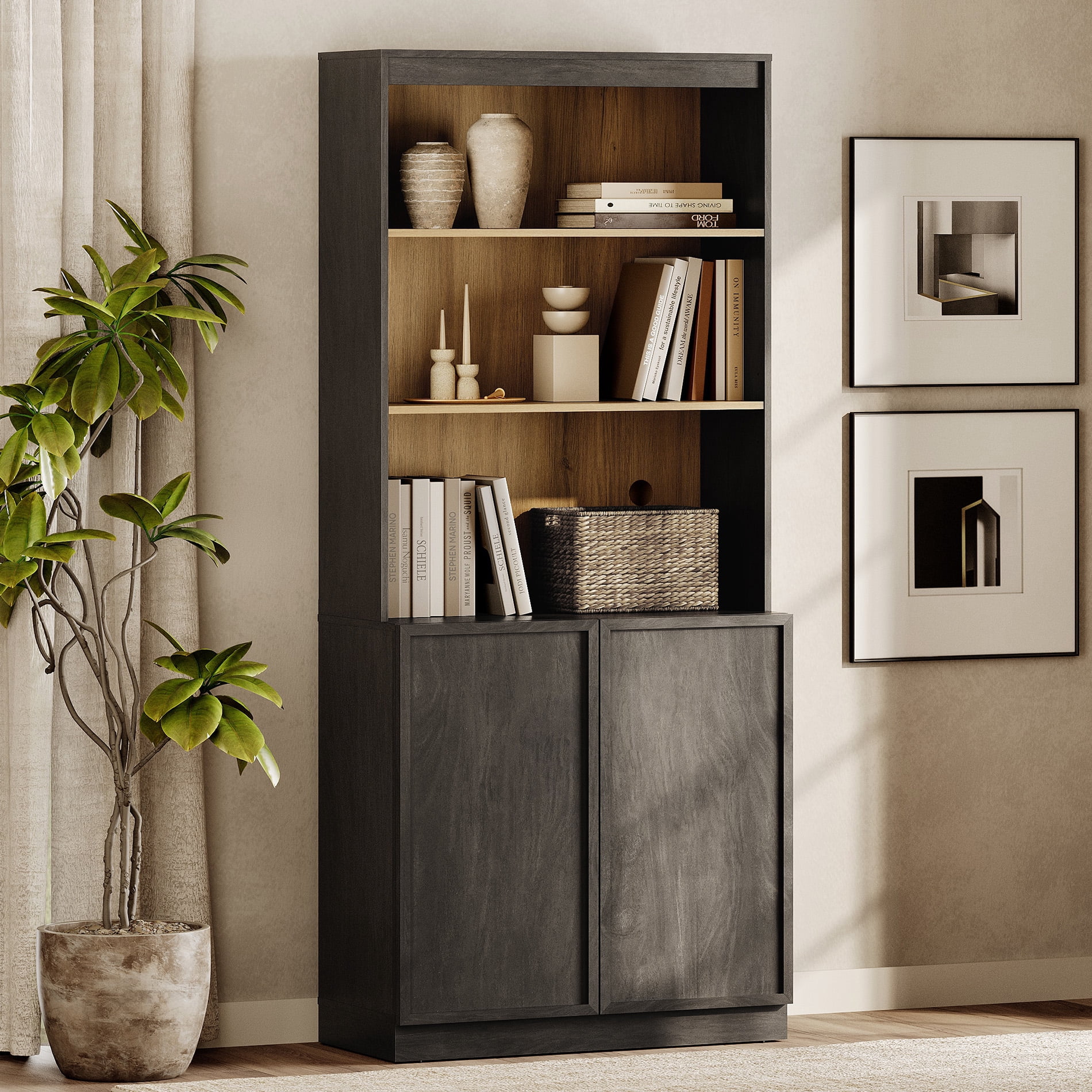 Modern 72" Tall Bookshelf with Storage Cabinet and Open Book Shelves, Wood Book shelf for Home Office, Living room,Black
