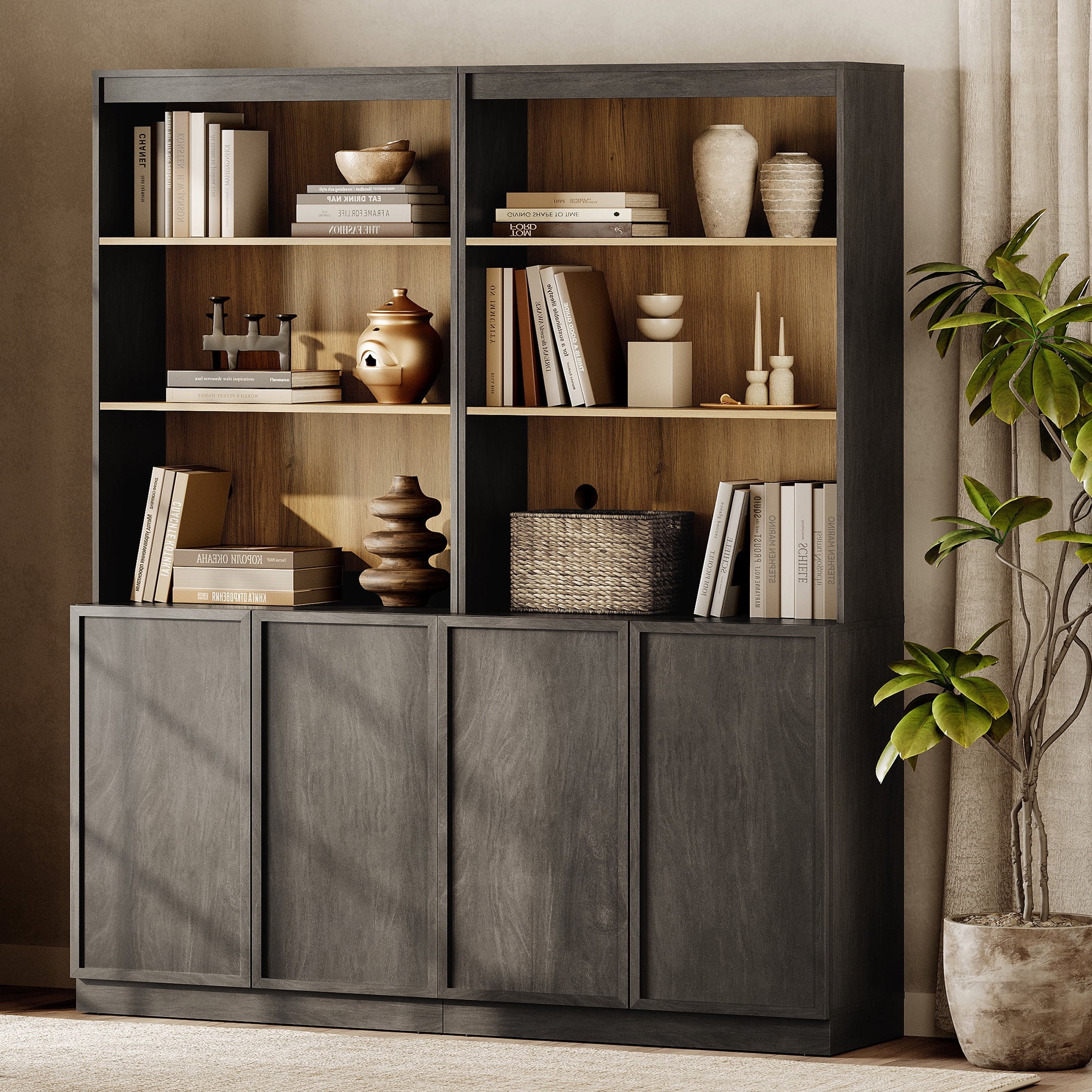 Modern 72" Tall Bookshelf with Storage Cabinet and Open Book Shelves, Wood Book shelf for Home Office, Living room,Black