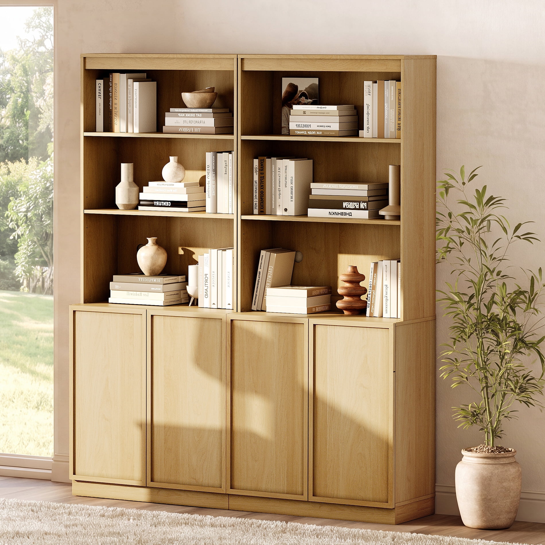 Modern 72" Tall Bookshelf with Storage Cabinet and Open Book Shelves, Wood Book shelf for Home Office, Living room,Oak